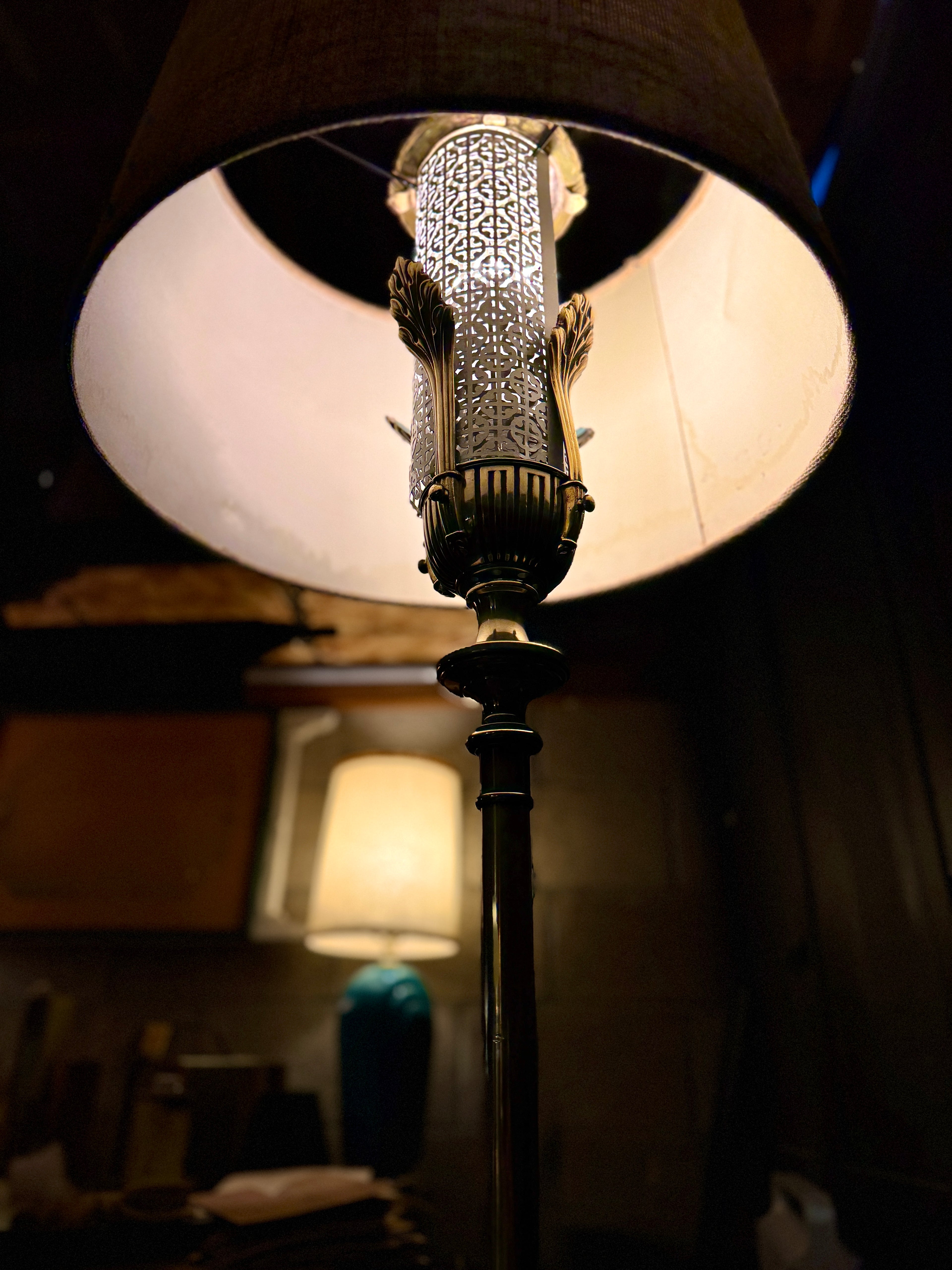 Architectural Art Deco Pull-Down Brass Torchiere Floor Lamp, c.1935–1950