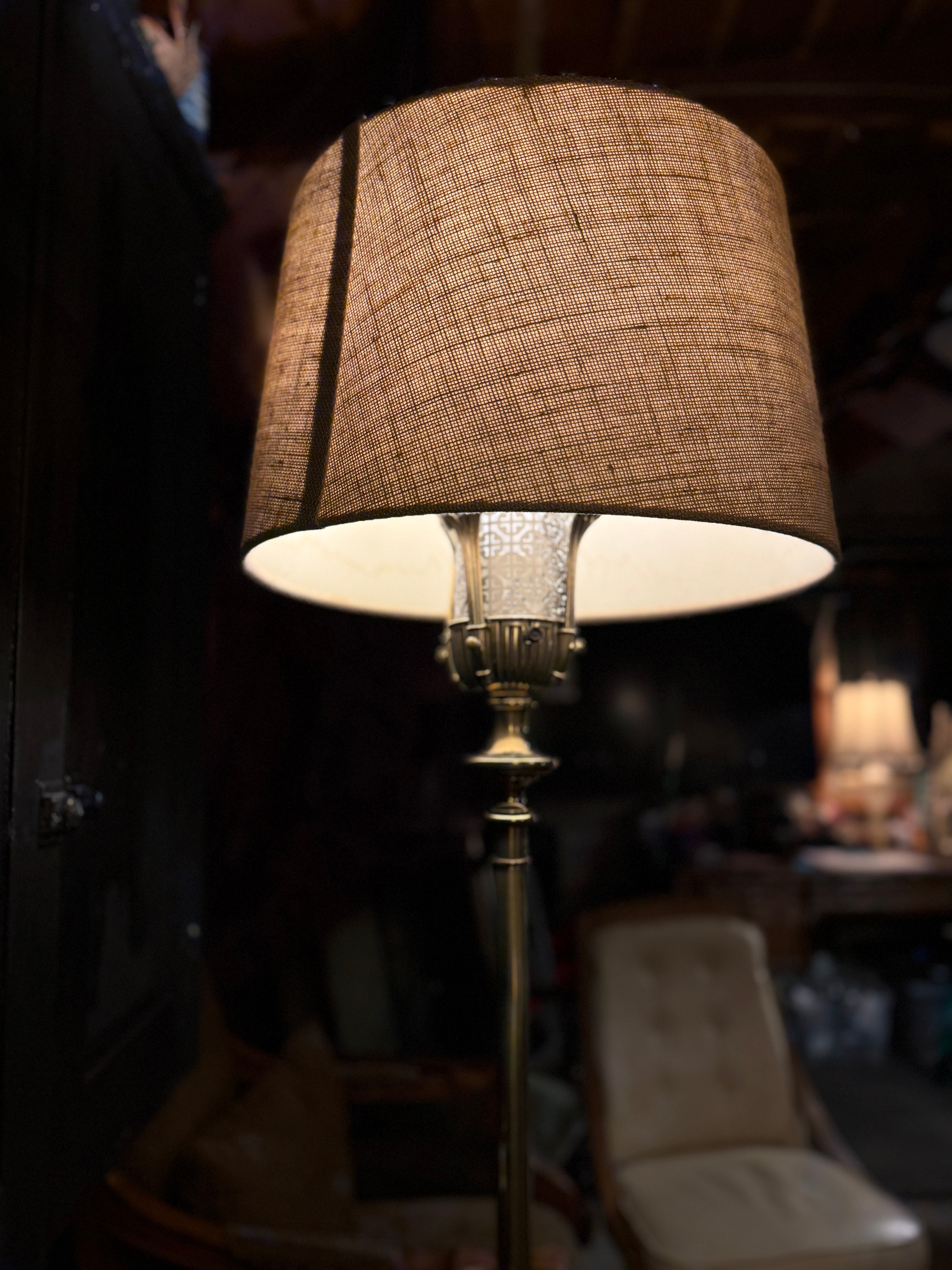 Architectural Art Deco Pull-Down Brass Torchiere Floor Lamp, c.1935–1950