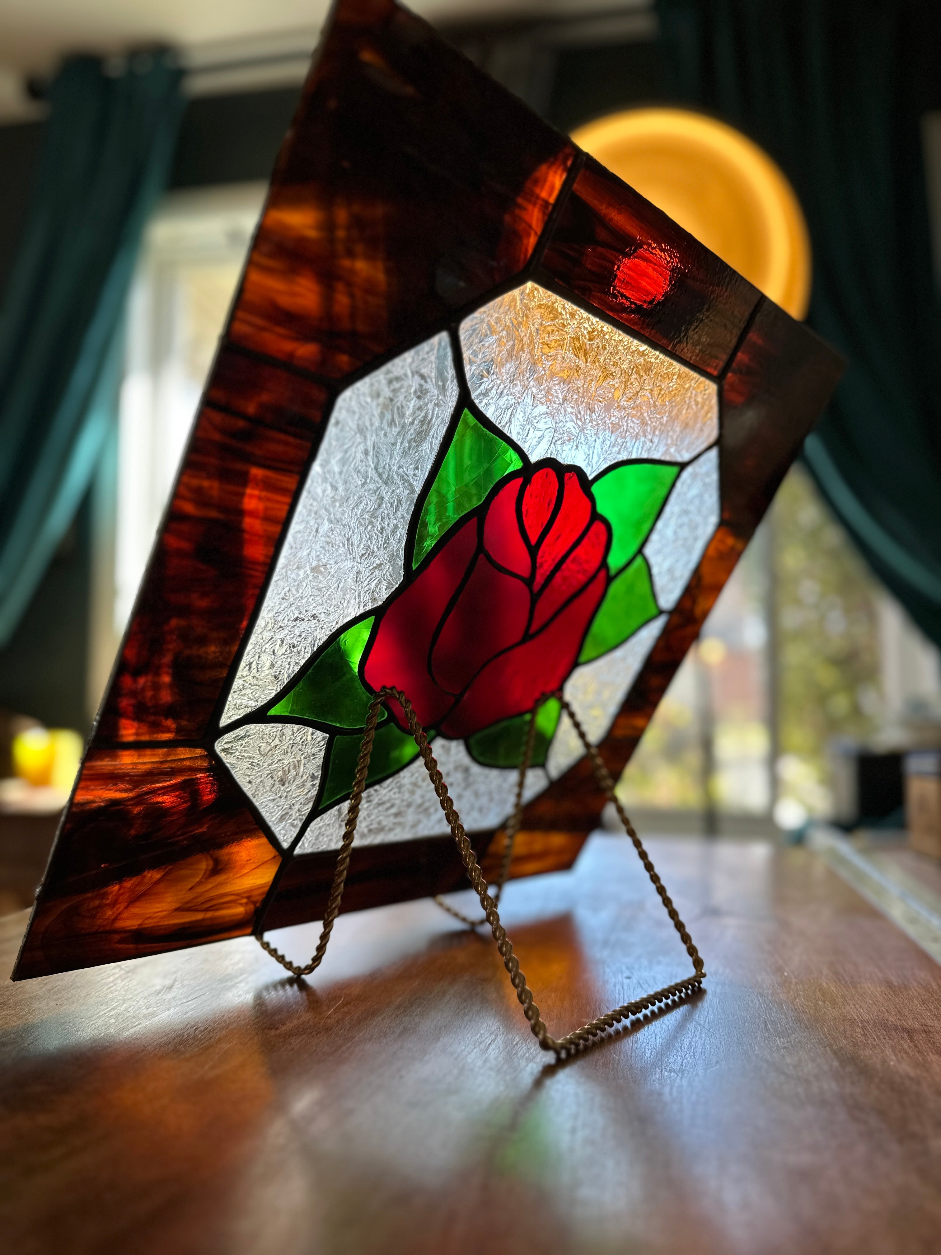 Vintage Stained Glass Rose Panel with Amber Cathedral Glass Border, Handcrafted Floral Window Suncatcher, c. 1970–1975