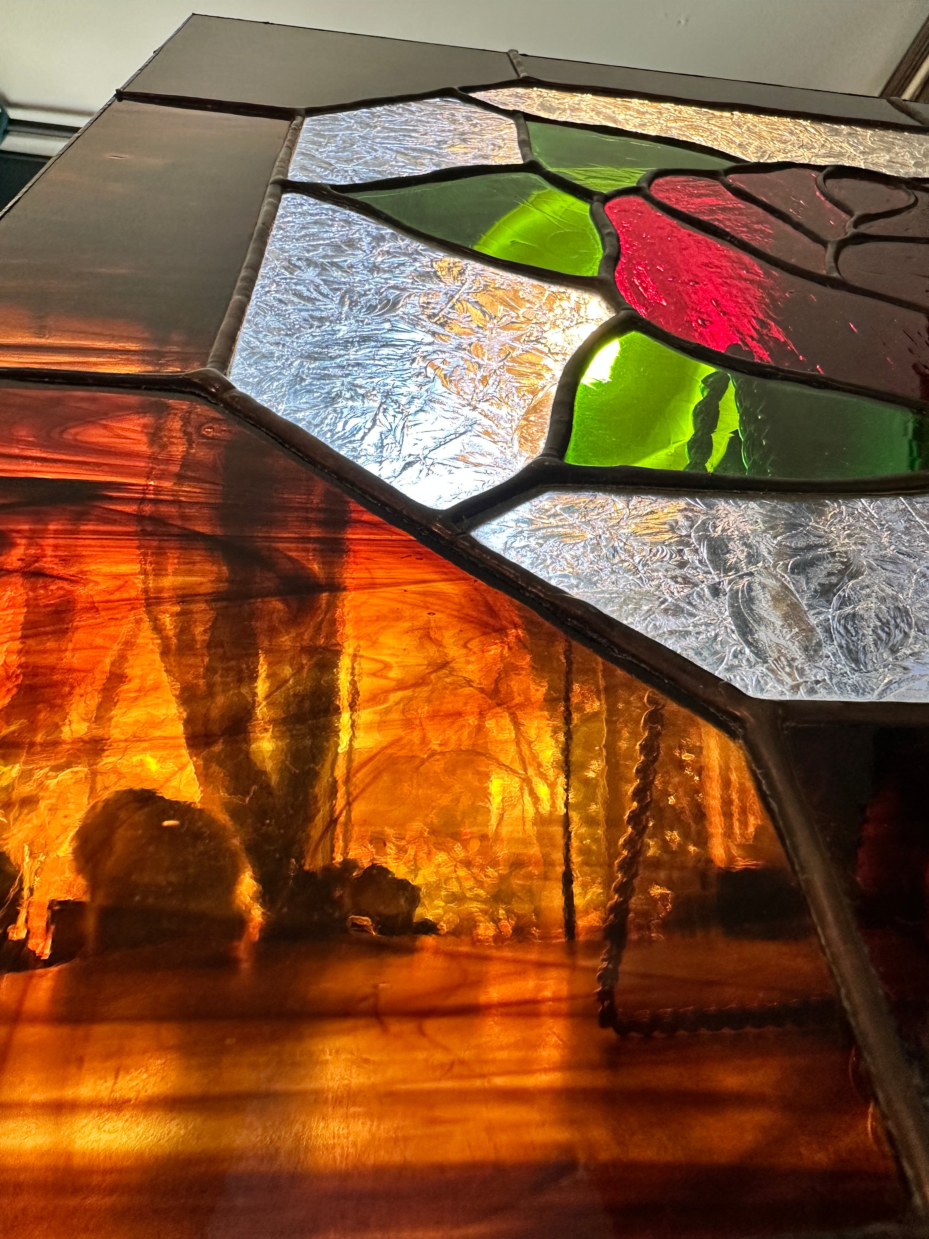 Vintage Stained Glass Rose Panel with Amber Cathedral Glass Border, Handcrafted Floral Window Suncatcher, c. 1970–1975