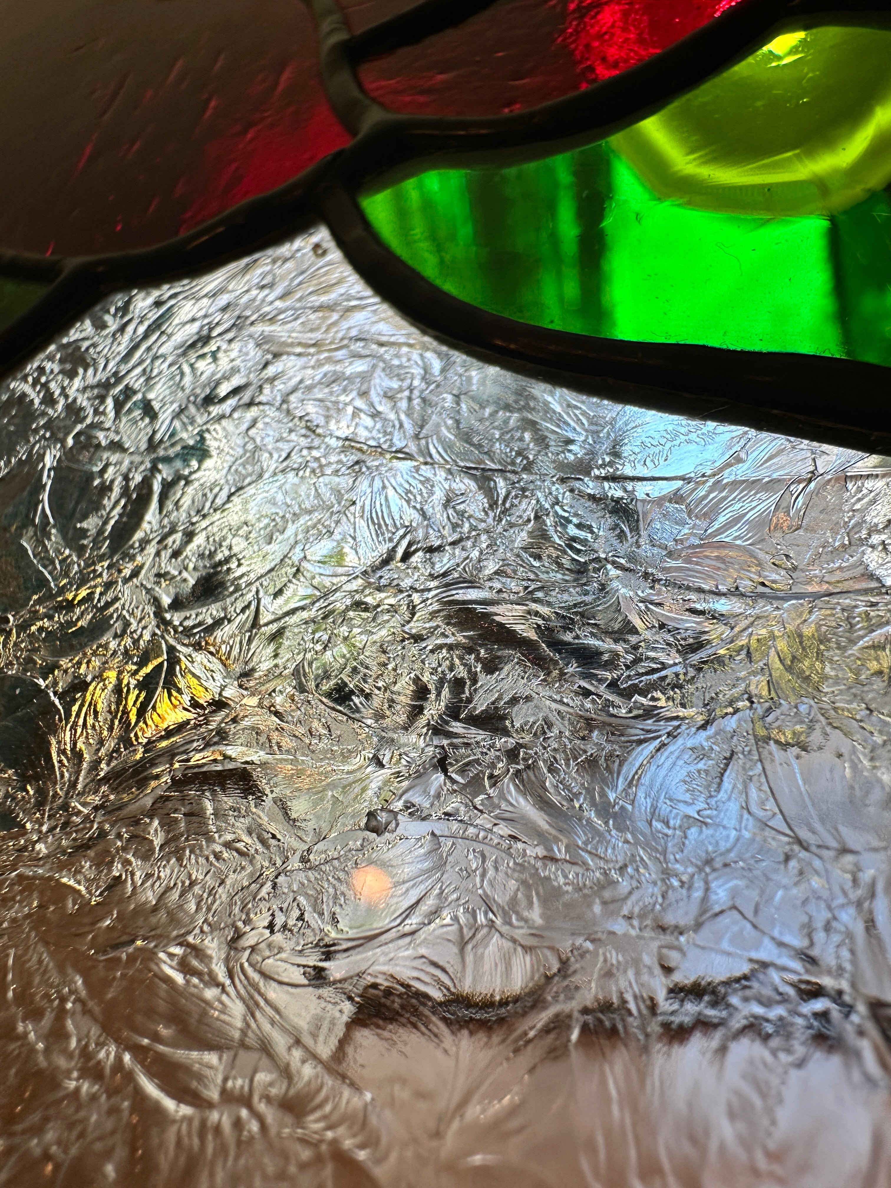 Vintage Stained Glass Rose Panel with Amber Cathedral Glass Border, Handcrafted Floral Window Suncatcher, c. 1970–1975