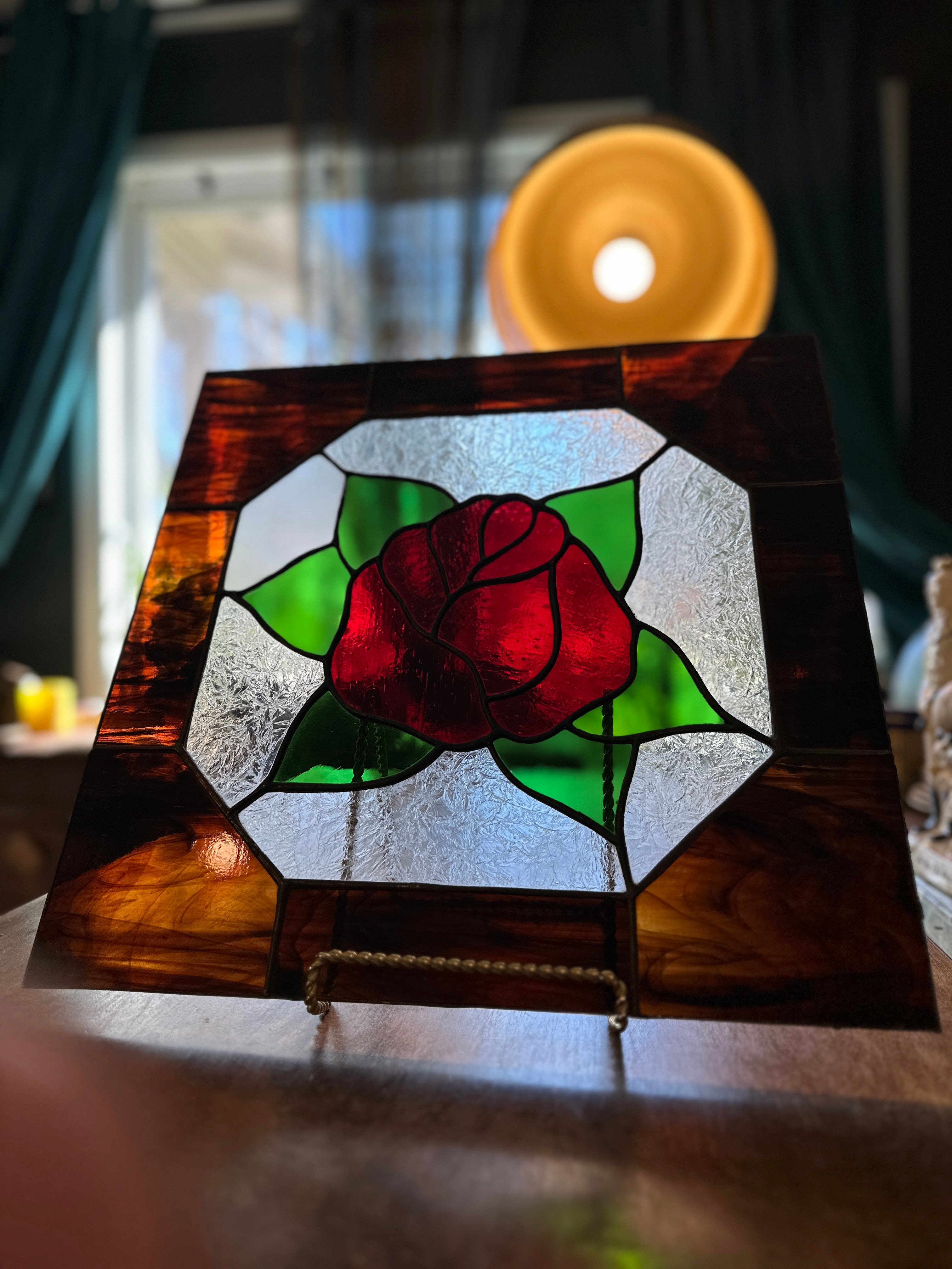 Vintage Stained Glass Rose Panel with Amber Cathedral Glass Border, Handcrafted Floral Window Suncatcher, c. 1970–1975