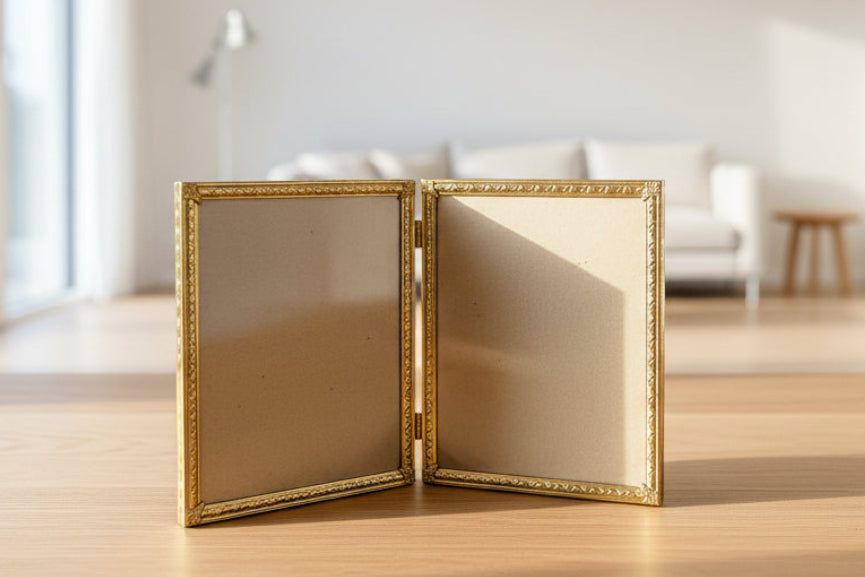 Antique Brass Double Picture Frame with Velvet Backing | c. 1925–1945