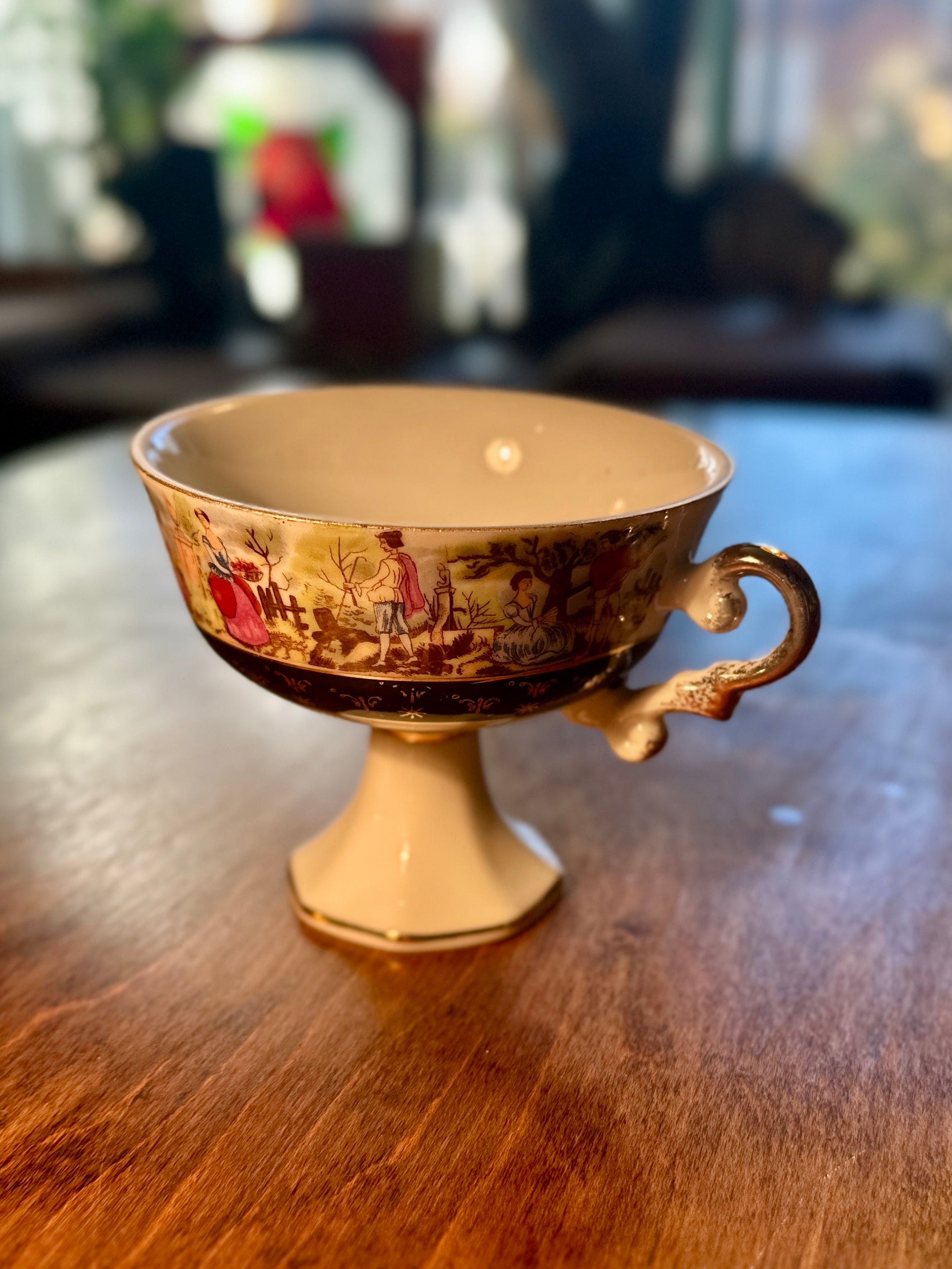 Antique French Rococo Revival Pedestal Porcelain Chocolate Cup c.1880–1910 Pastoral Scene Gilt