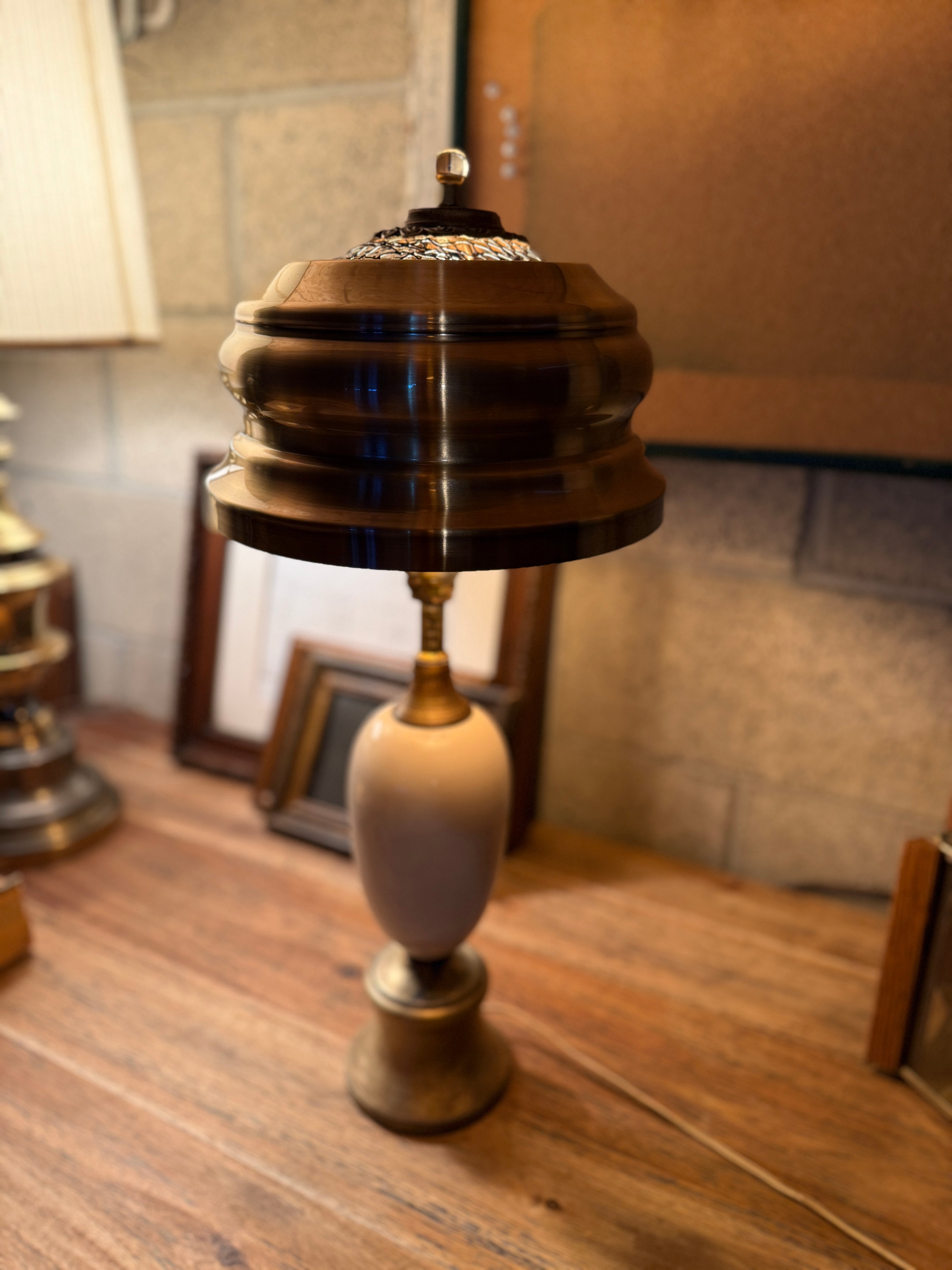 Atmospheric Art Deco Ceramic Table Lamp with Sculptural Glass Finial & Gilded Mesh Shade (c 1910-1940)