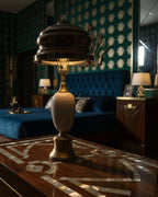Atmospheric Art Deco Ceramic Table Lamp with Sculptural Glass Finial & Gilded Mesh Shade (c 1910-1940)