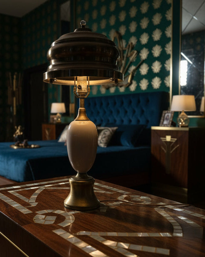 Atmospheric Art Deco Ceramic Table Lamp with Sculptural Glass Finial & Gilded Mesh Shade (c 1910-1940)