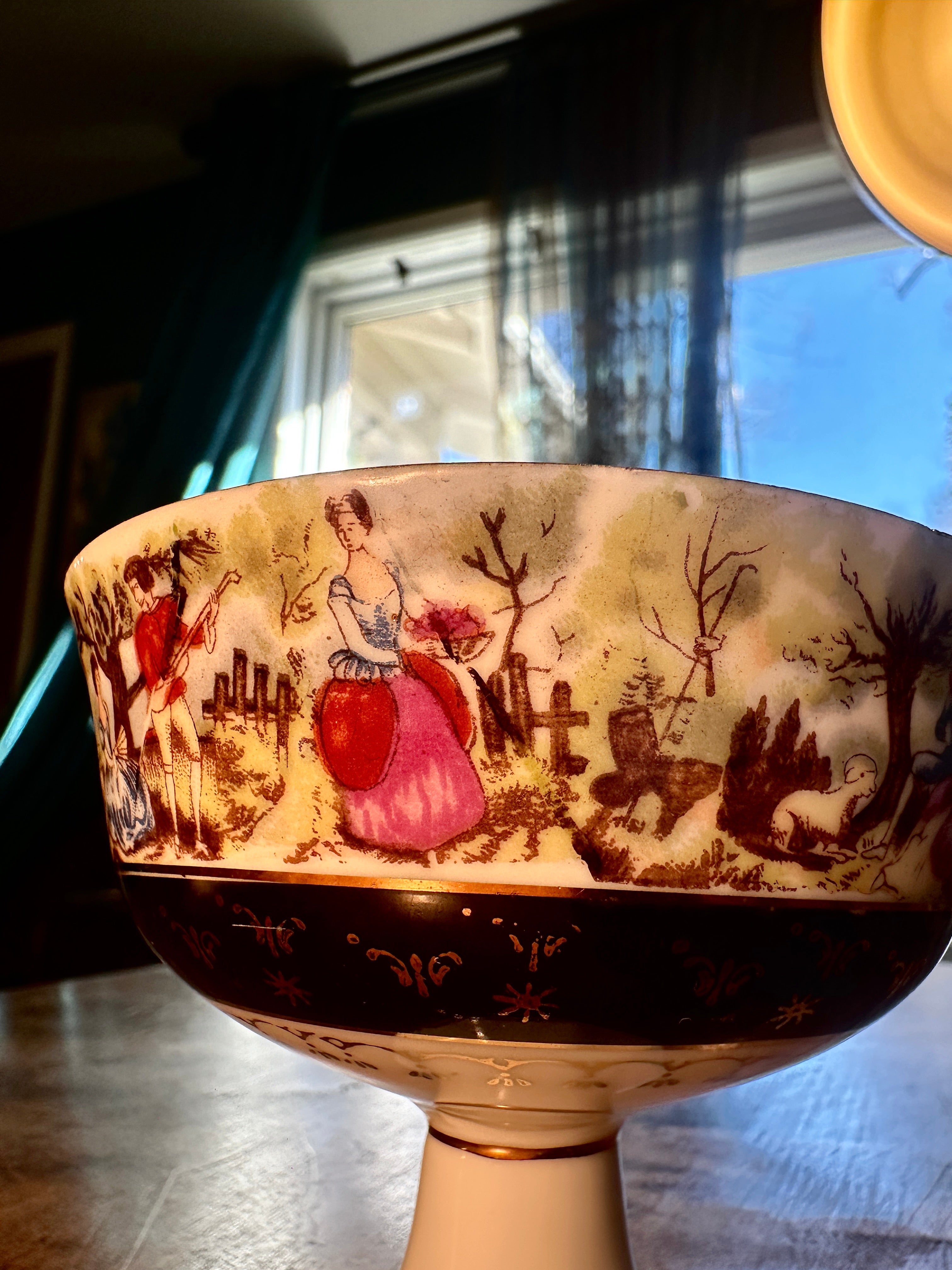 Antique French Rococo Revival Pedestal Porcelain Chocolate Cup c.1880–1910 Pastoral Scene Gilt