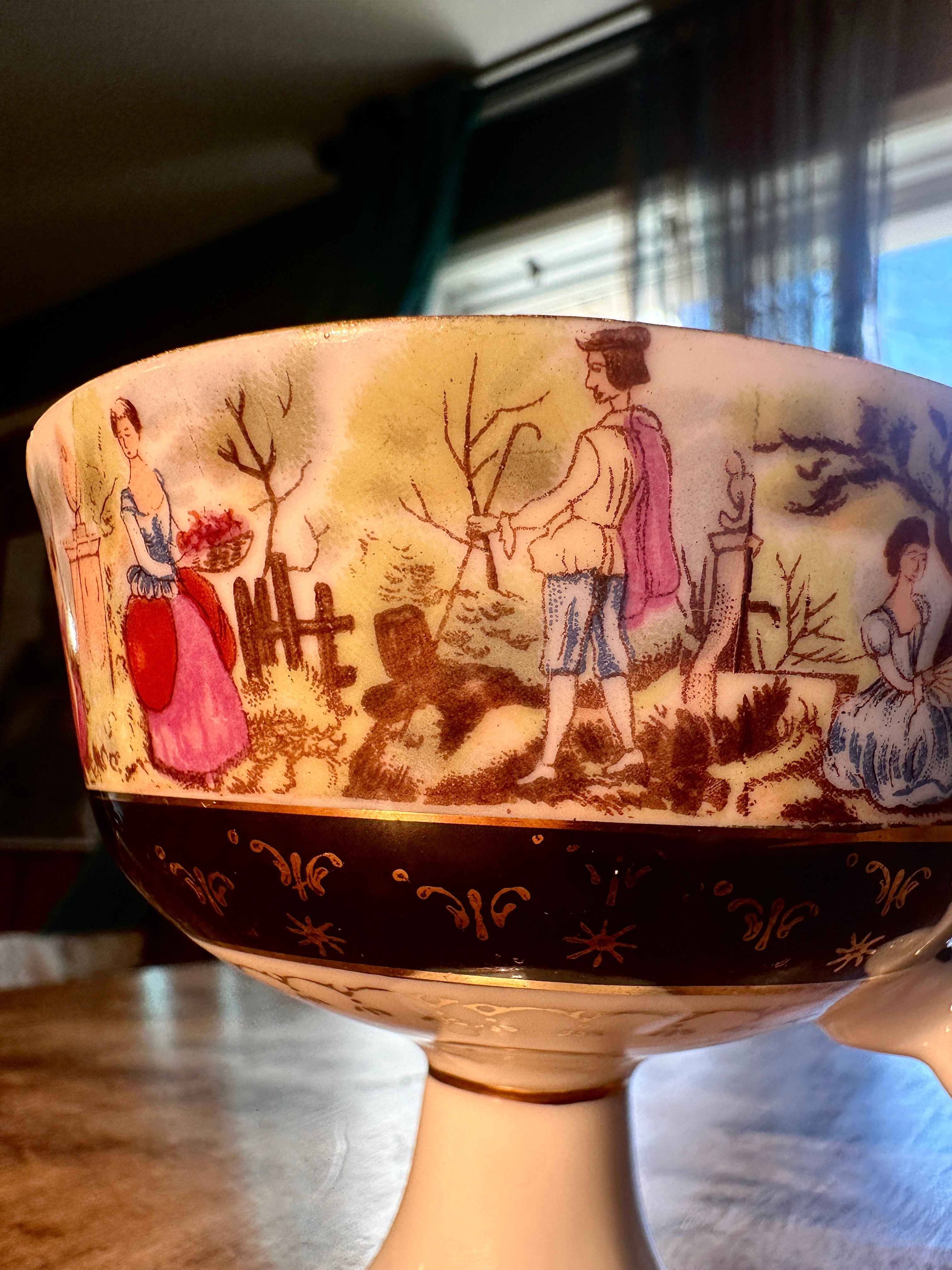 Antique French Rococo Revival Pedestal Porcelain Chocolate Cup c.1880–1910 Pastoral Scene Gilt