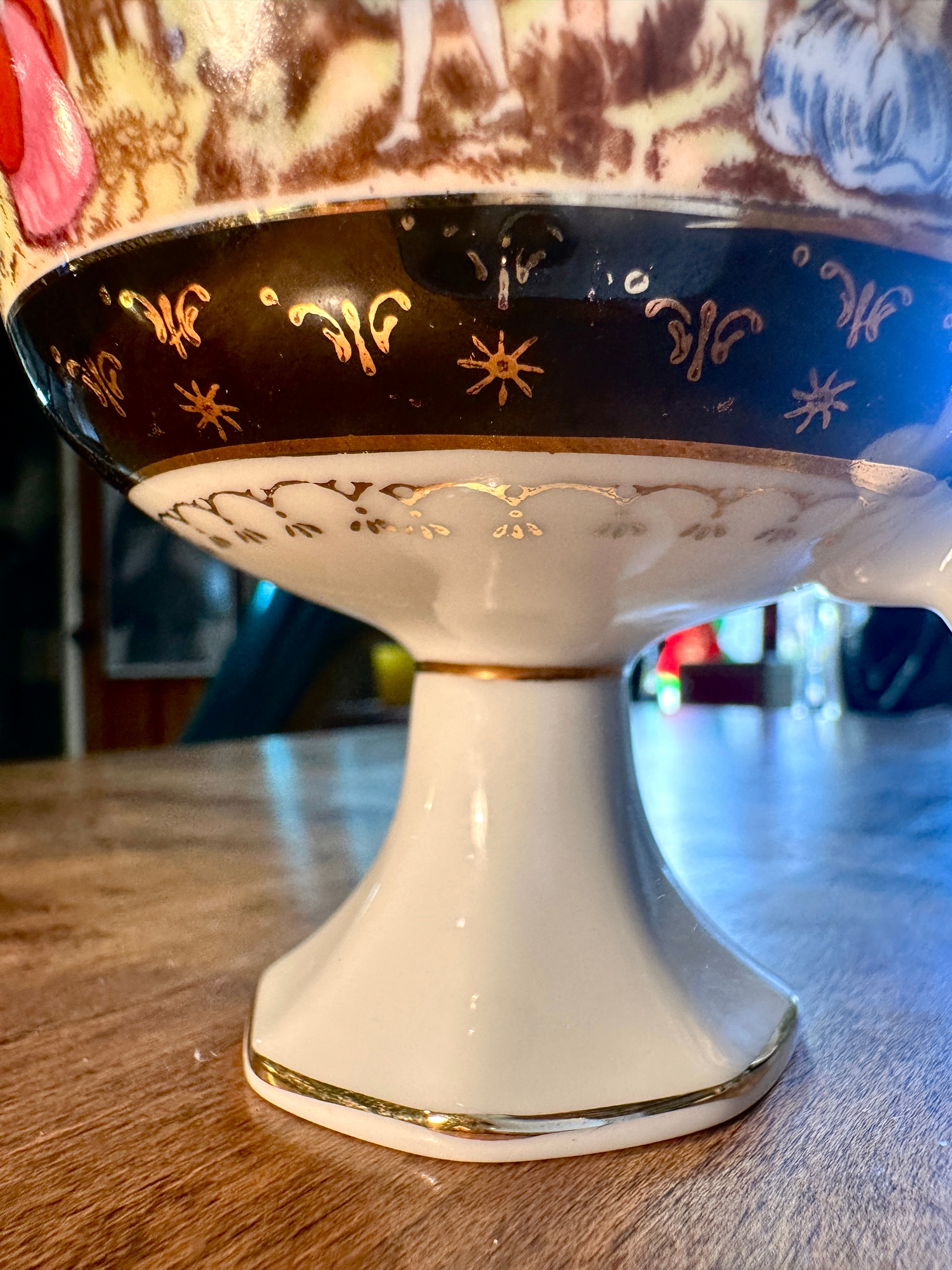 Antique French Rococo Revival Pedestal Porcelain Chocolate Cup c.1880–1910 Pastoral Scene Gilt