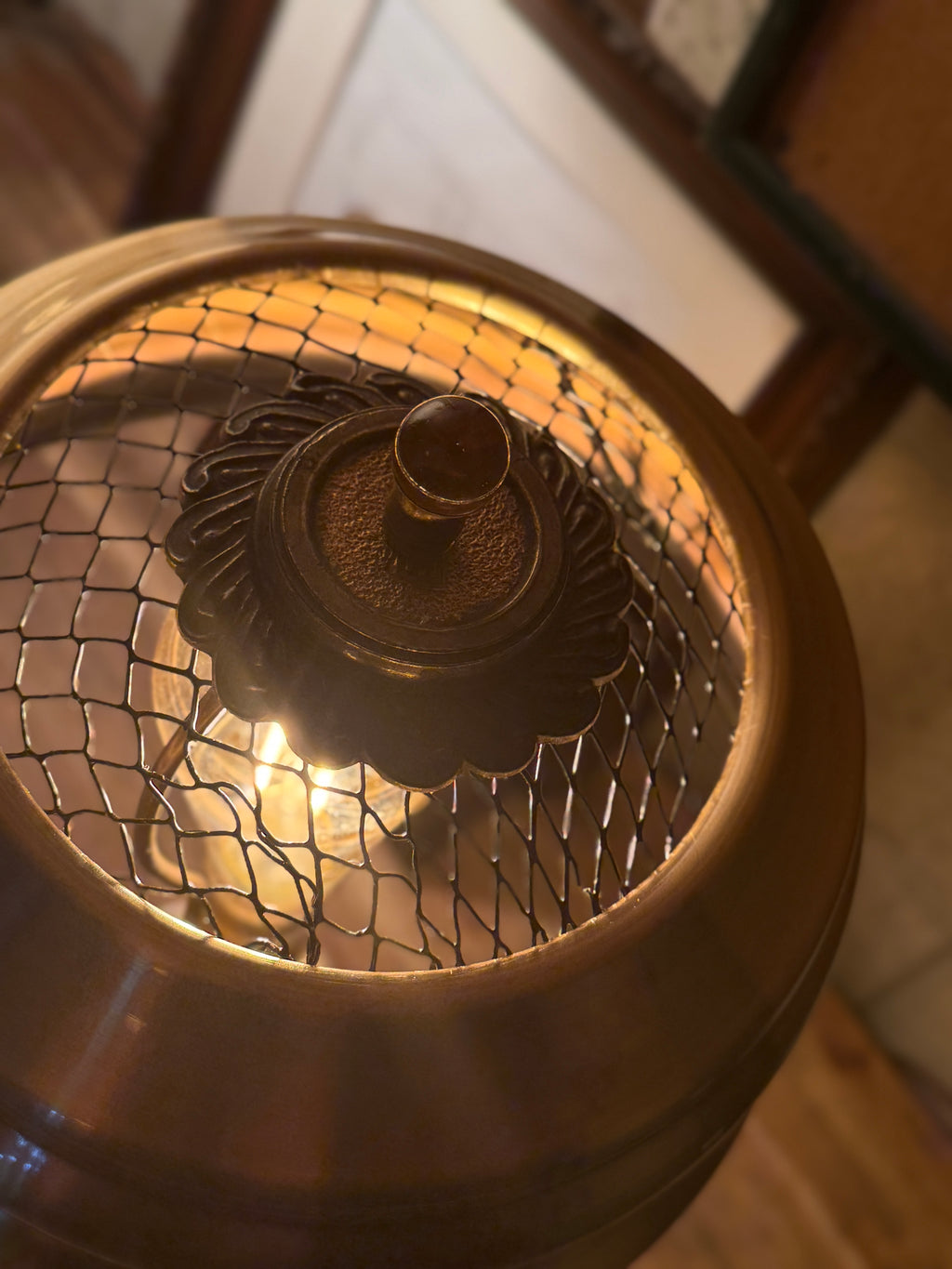 Atmospheric Art Deco Ceramic Table Lamp with Sculptural Glass Finial & Gilded Mesh Shade (c 1910-1940)