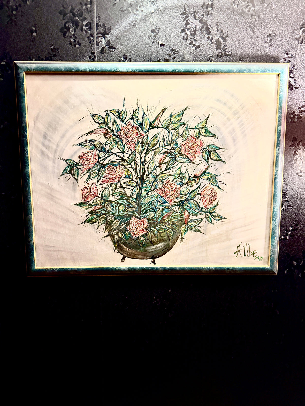 Early Original Floral Painting by Kat Allibe | Signed & Dated 1989