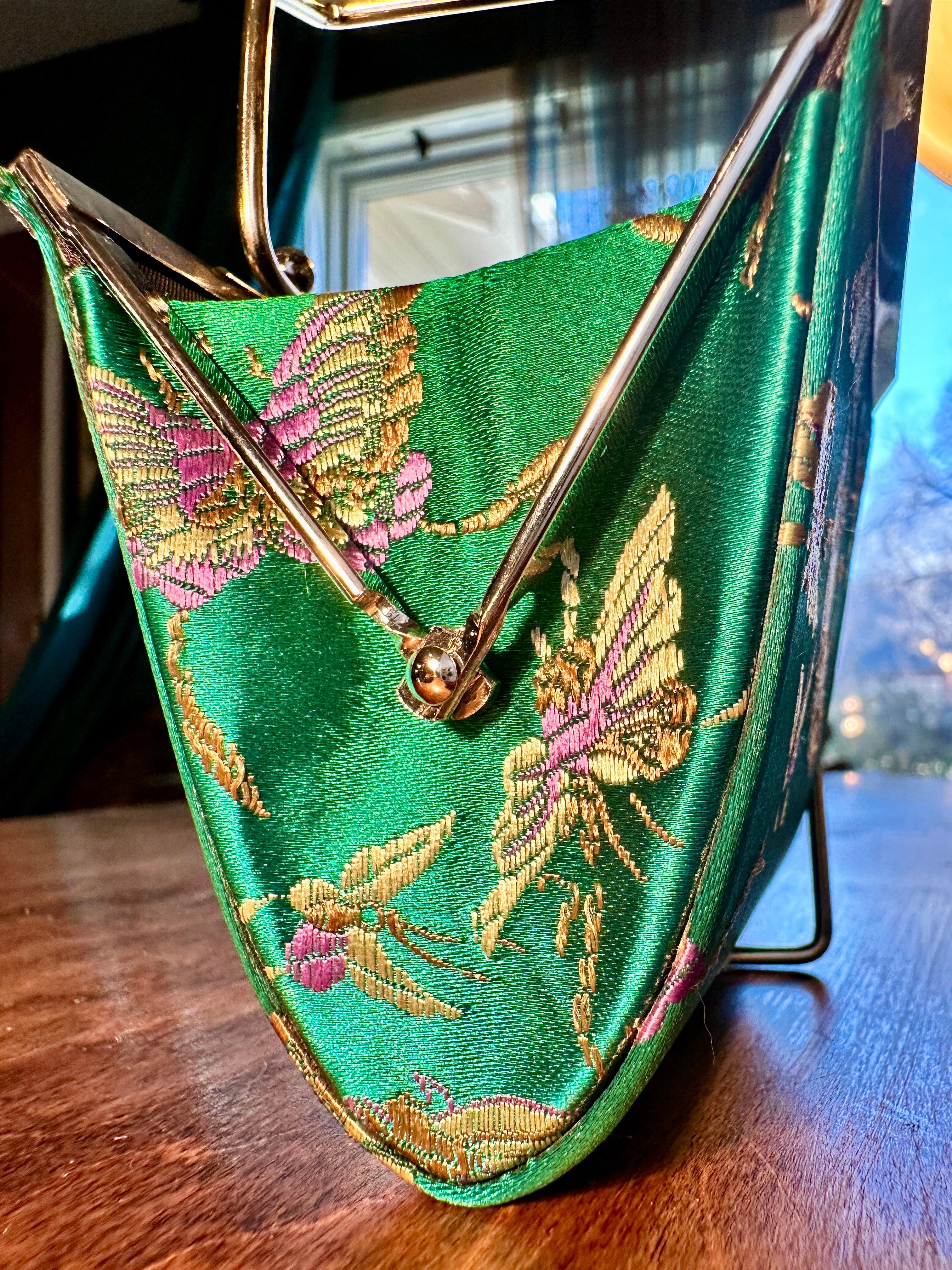 Vintage Green Brocade Butterfly Evening Bag Kiss Lock c.1950s