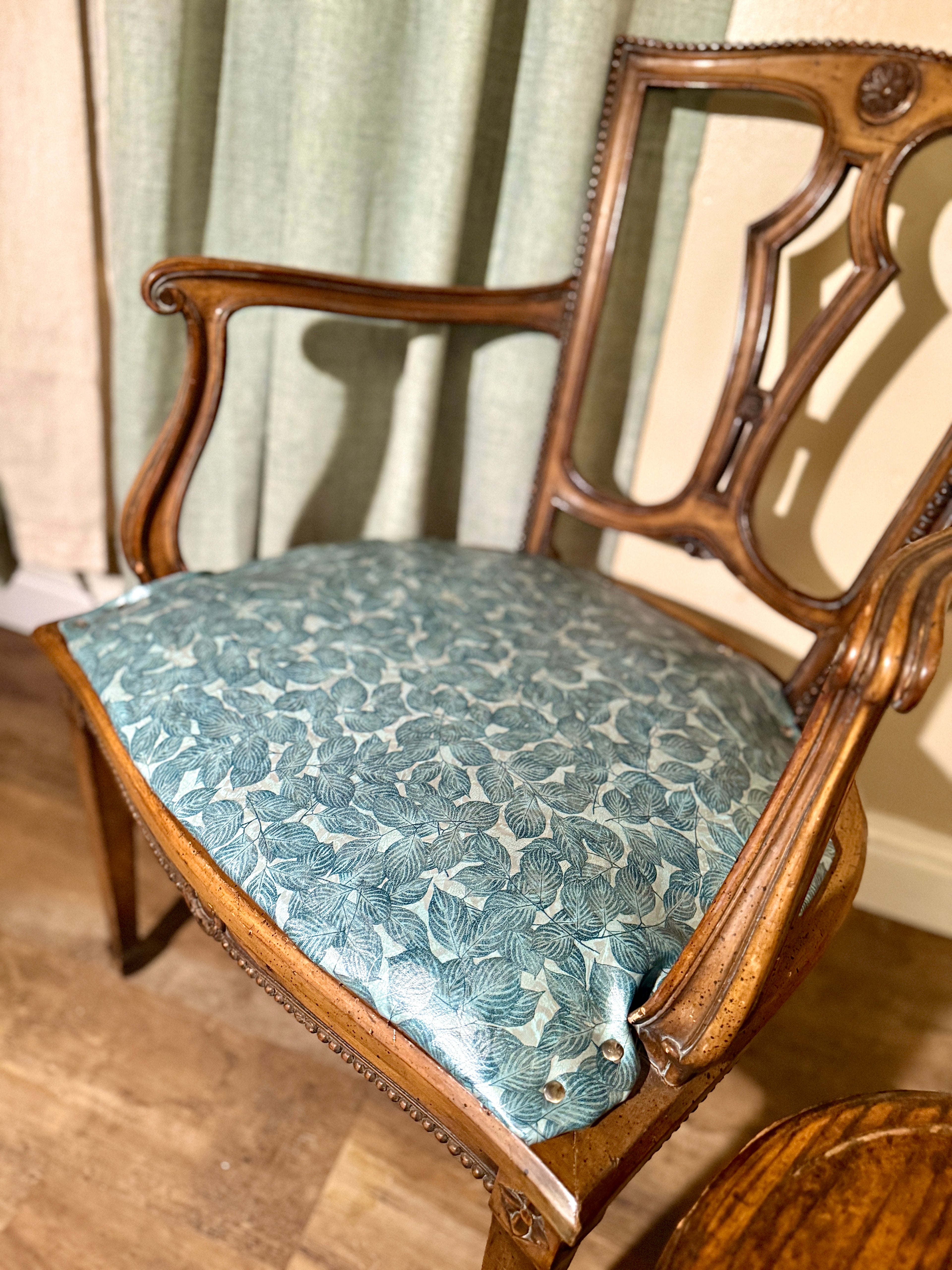 Early 20th-Century Open-Back Armchair with Preserved Woven Seat & Custom Leather Upholstery c. 1910-1930s