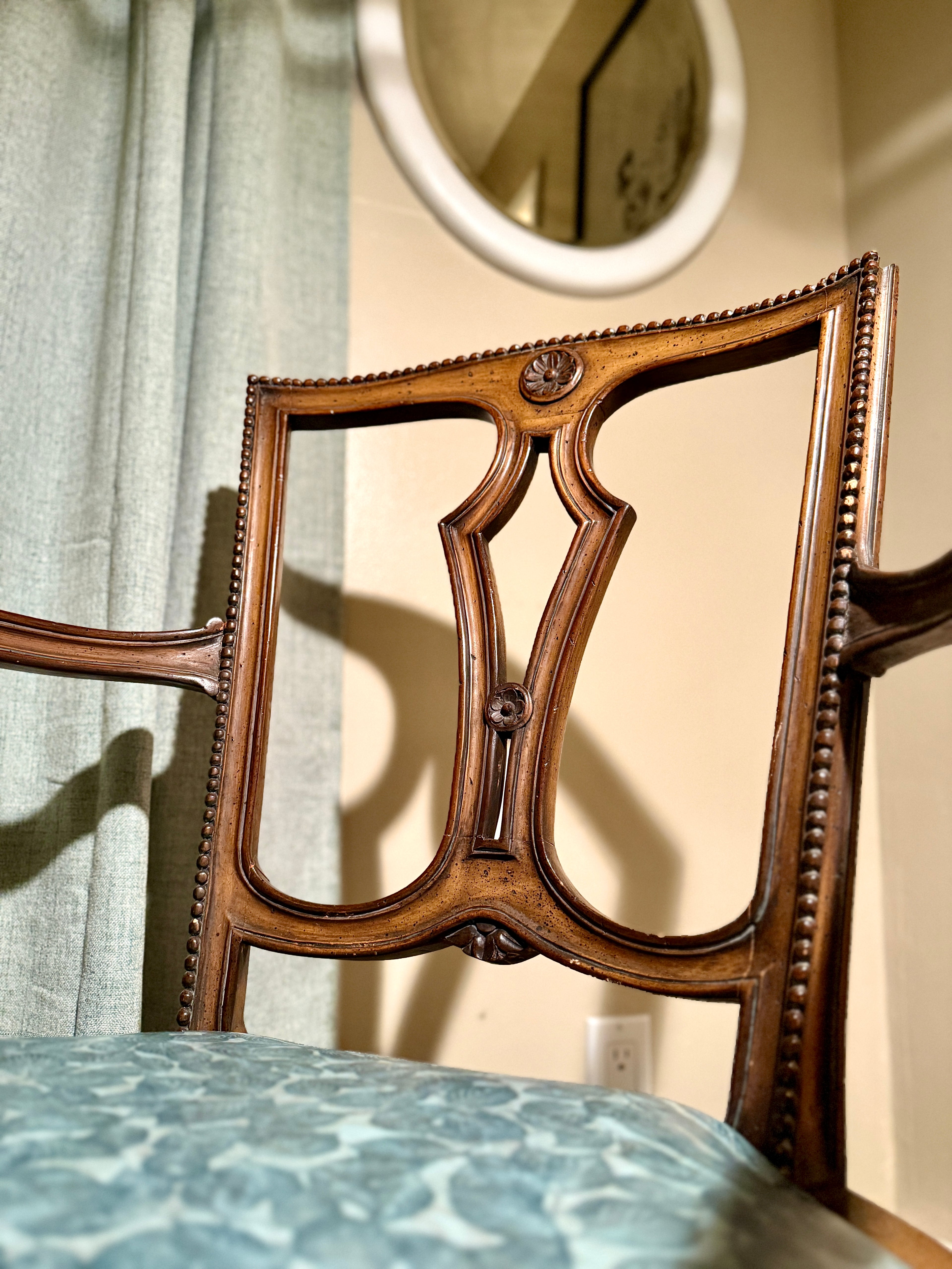 Early 20th-Century Open-Back Armchair with Preserved Woven Seat & Custom Leather Upholstery c. 1910-1930s