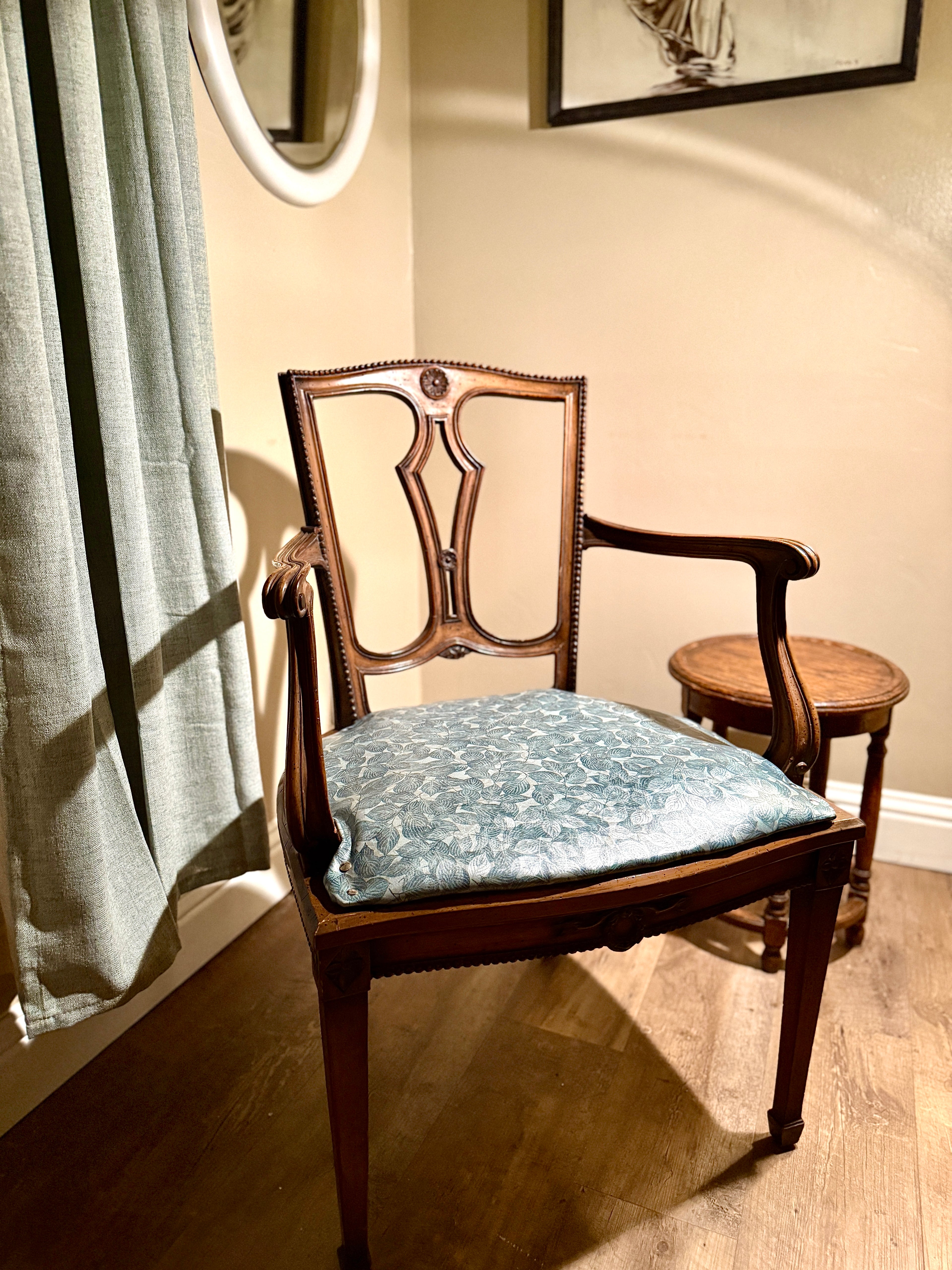 Early 20th-Century Open-Back Armchair with Preserved Woven Seat & Custom Leather Upholstery c. 1910-1930s