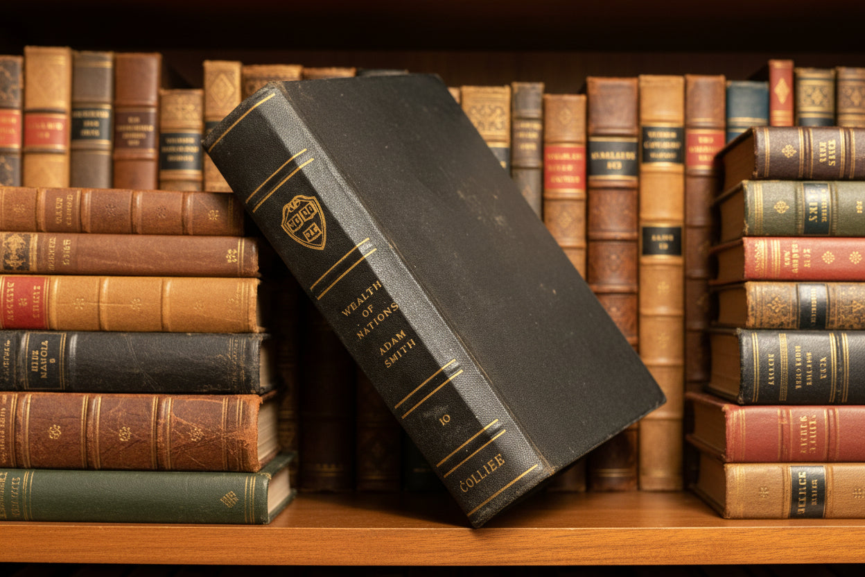 Vintage book with gold embossed text on a wooden surface