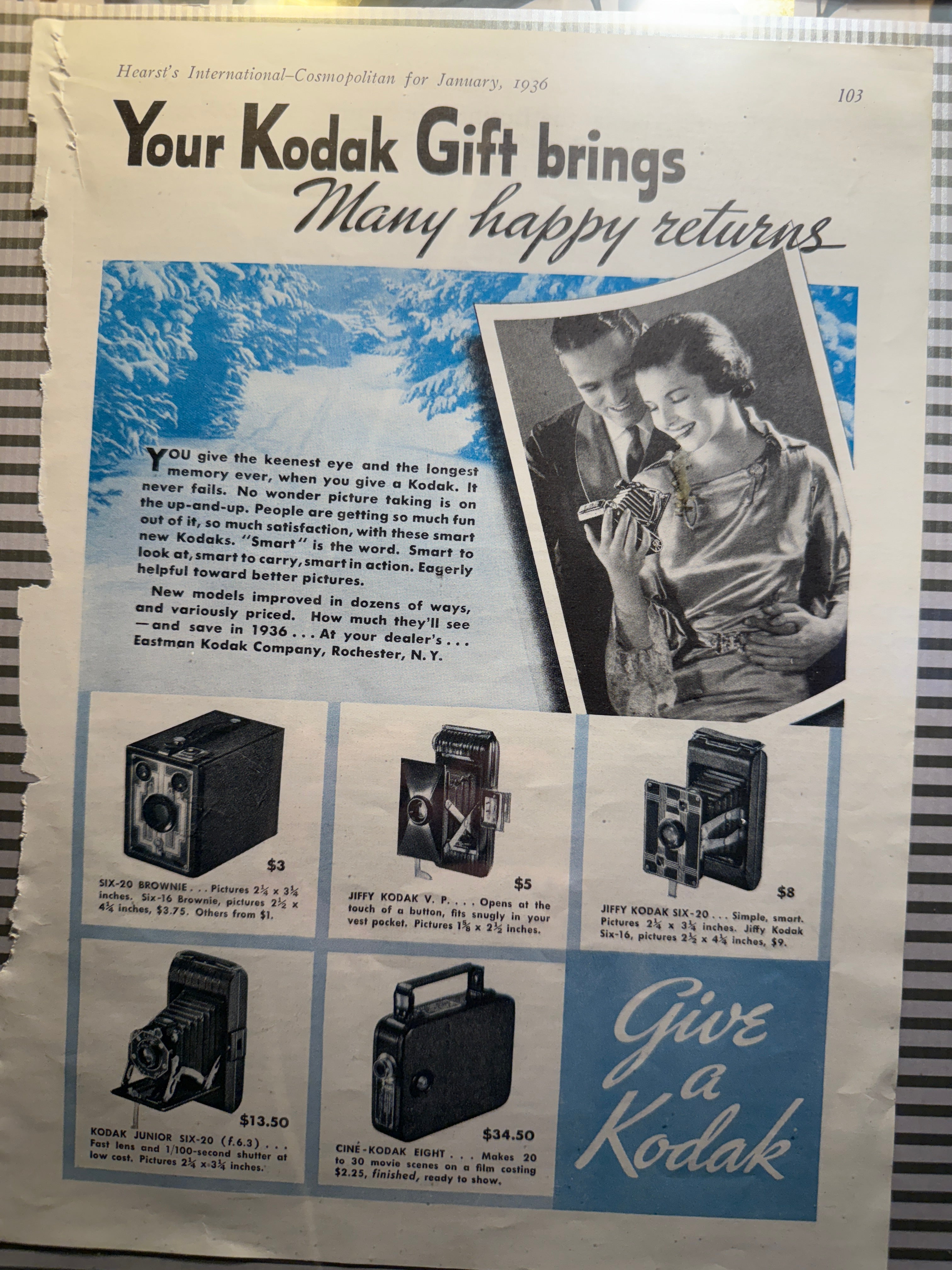 1936 Kodak Advertisement | Hearst’s Cosmopolitan Magazine | Framed Vintage Print