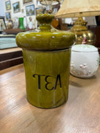 Vintage Avocado Green Drip Glaze Ceramic Tea Canister, c. 1965–1978