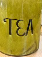 Vintage Avocado Green Drip Glaze Ceramic Tea Canister, c. 1965–1978