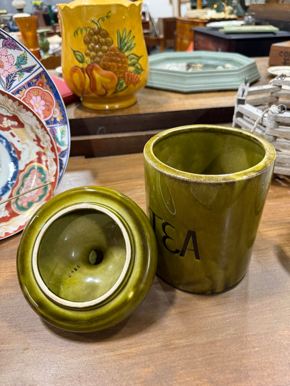 Vintage Avocado Green Drip Glaze Ceramic Tea Canister, c. 1965–1978