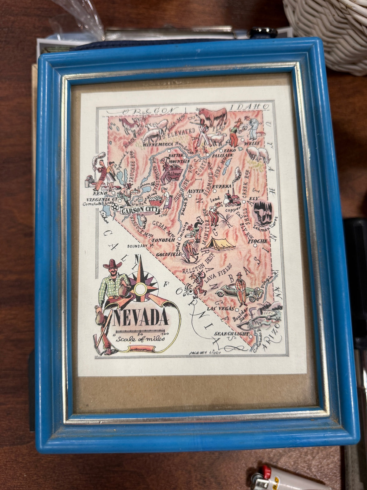 Vintage Jacques Liozu Nevada Pictorial Map, Framed, c. 1946–1949