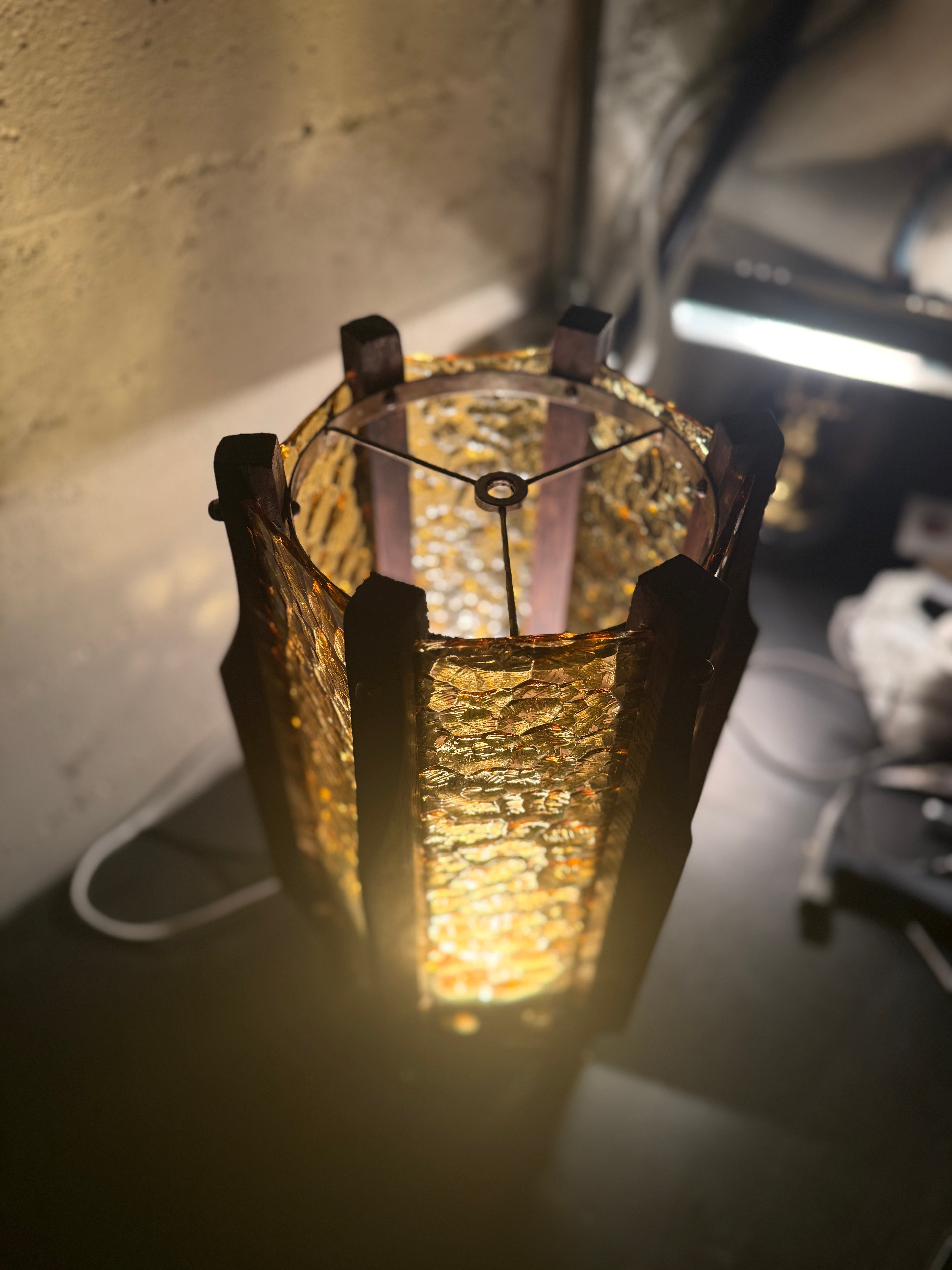 Early 20th-Century Amber Glass & Wood  Hanging Lantern Converted Table Lamp