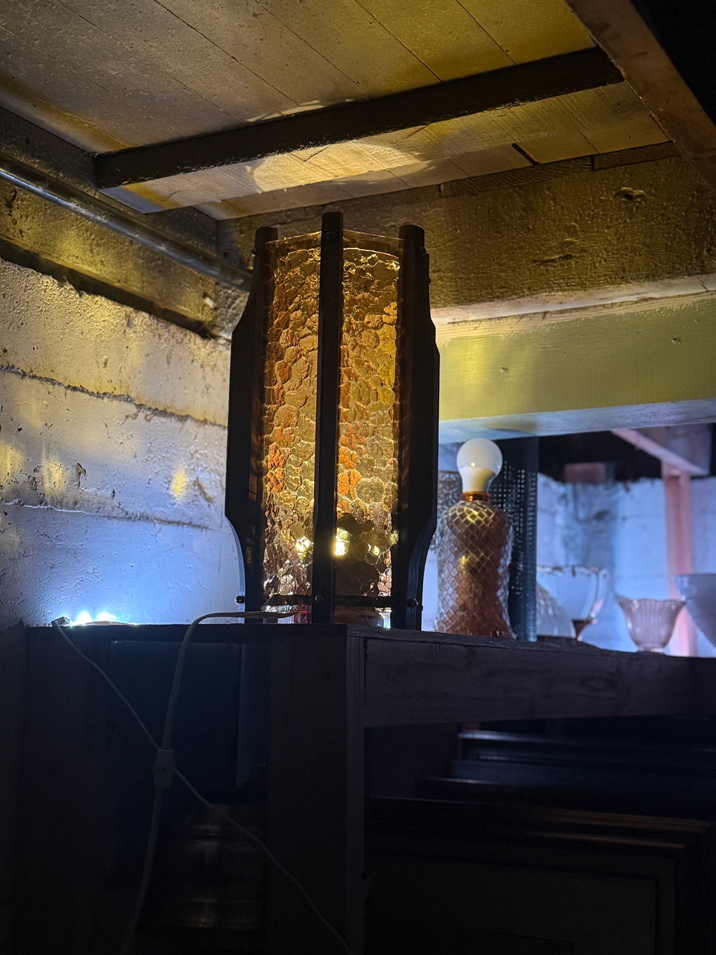 Early 20th-Century Amber Glass & Wood  Hanging Lantern Converted Table Lamp