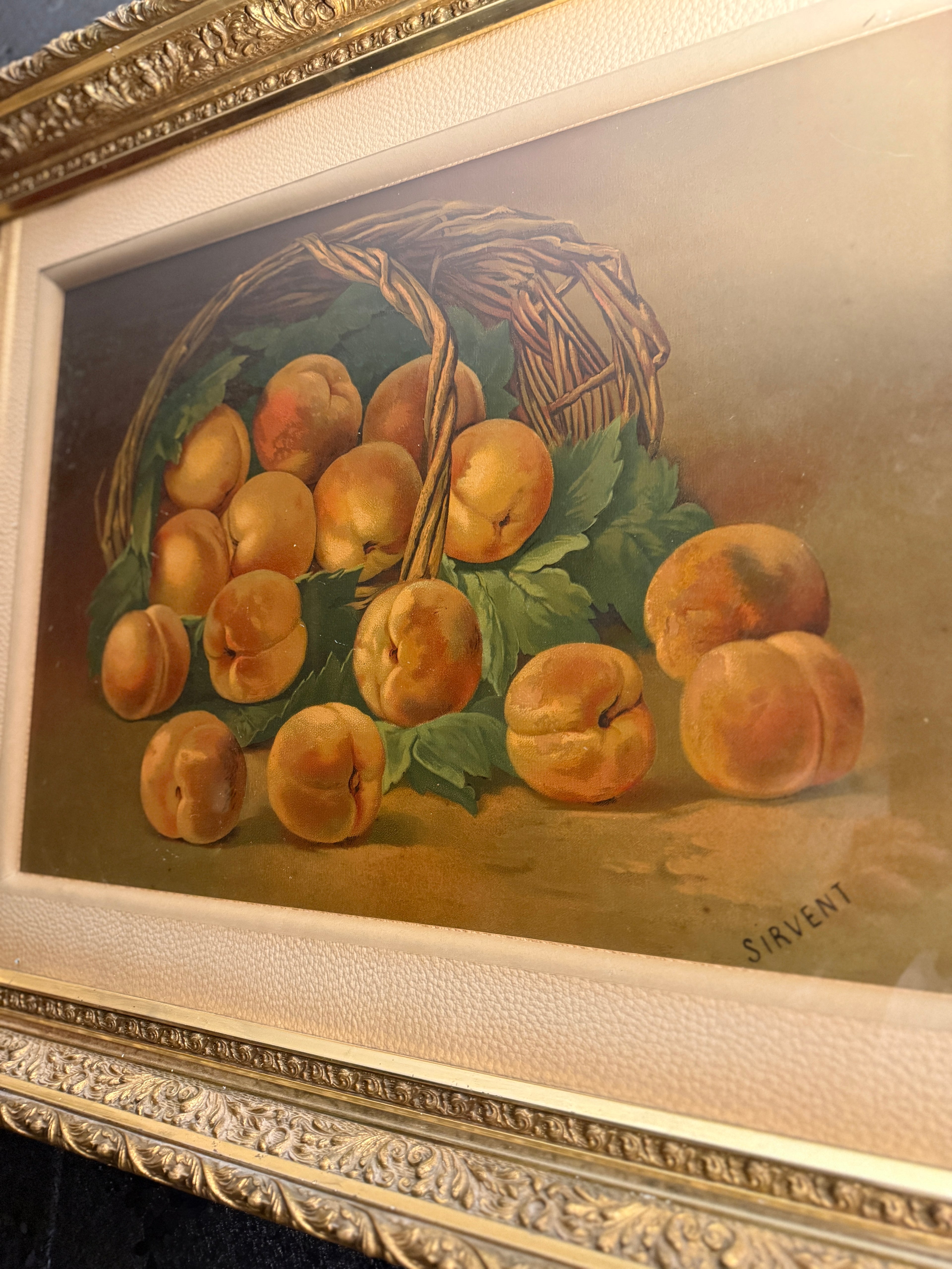 Antique French Still Life Peaches in Basket, Signed “Sirvent,” c.1880–1900, Oil on Board, Ornate Gilt Frame