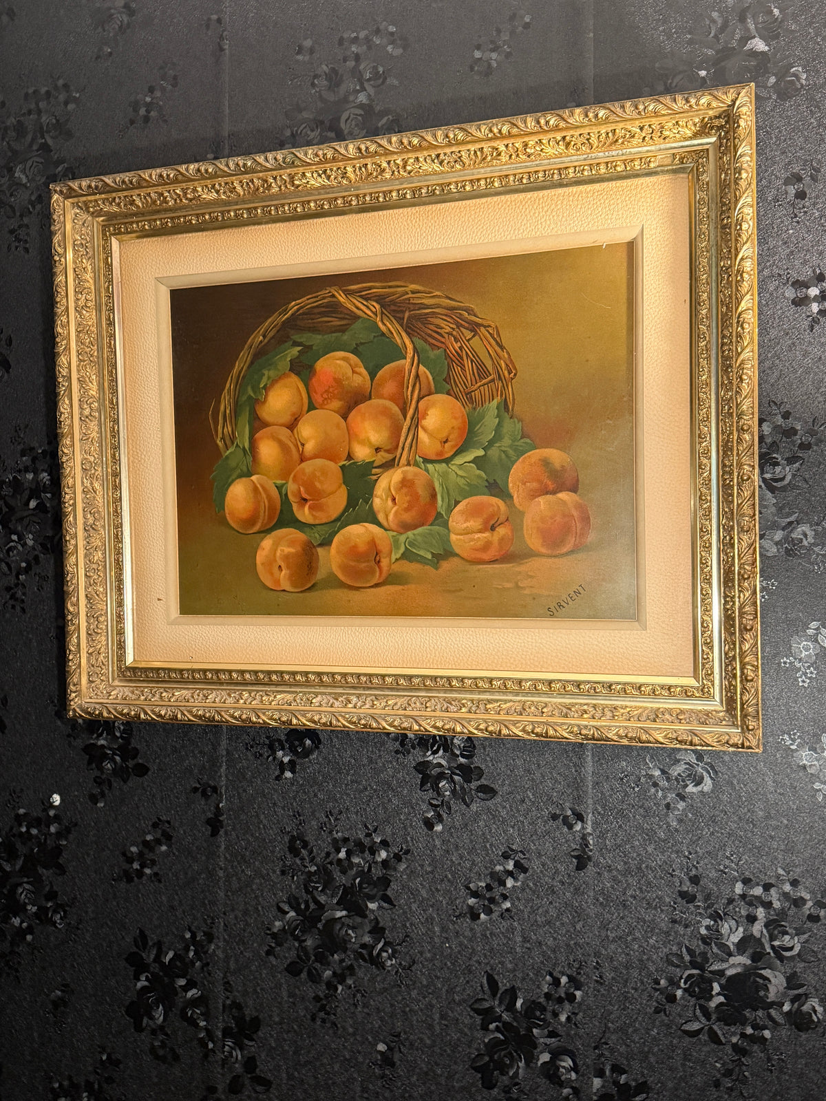 Antique French Still Life Peaches in Basket, Signed “Sirvent,” c.1880–1900, Oil on Board, Ornate Gilt Frame