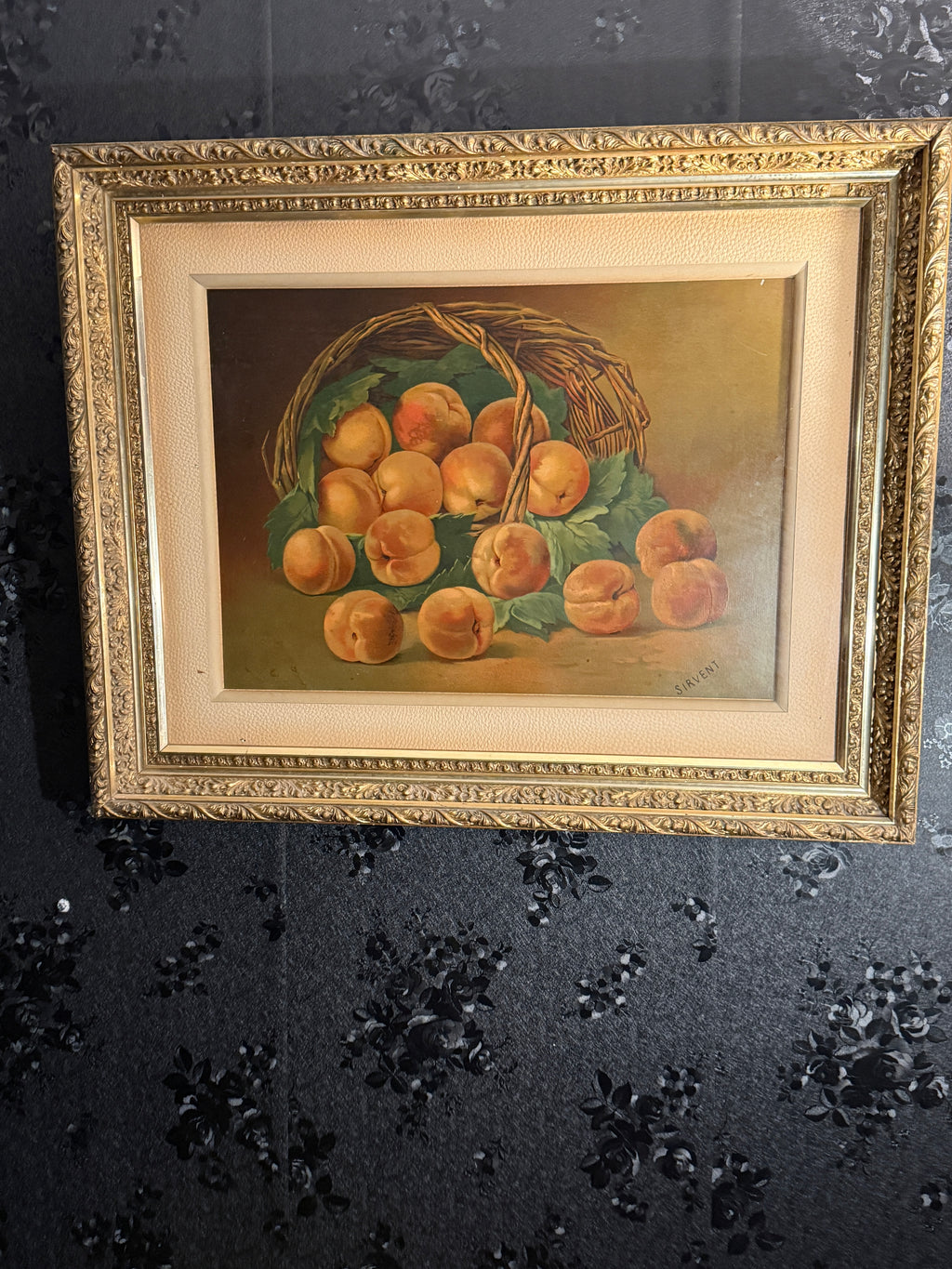 Antique French Still Life Peaches in Basket, Signed “Sirvent,” c.1880–1900, Oil on Board, Ornate Gilt Frame