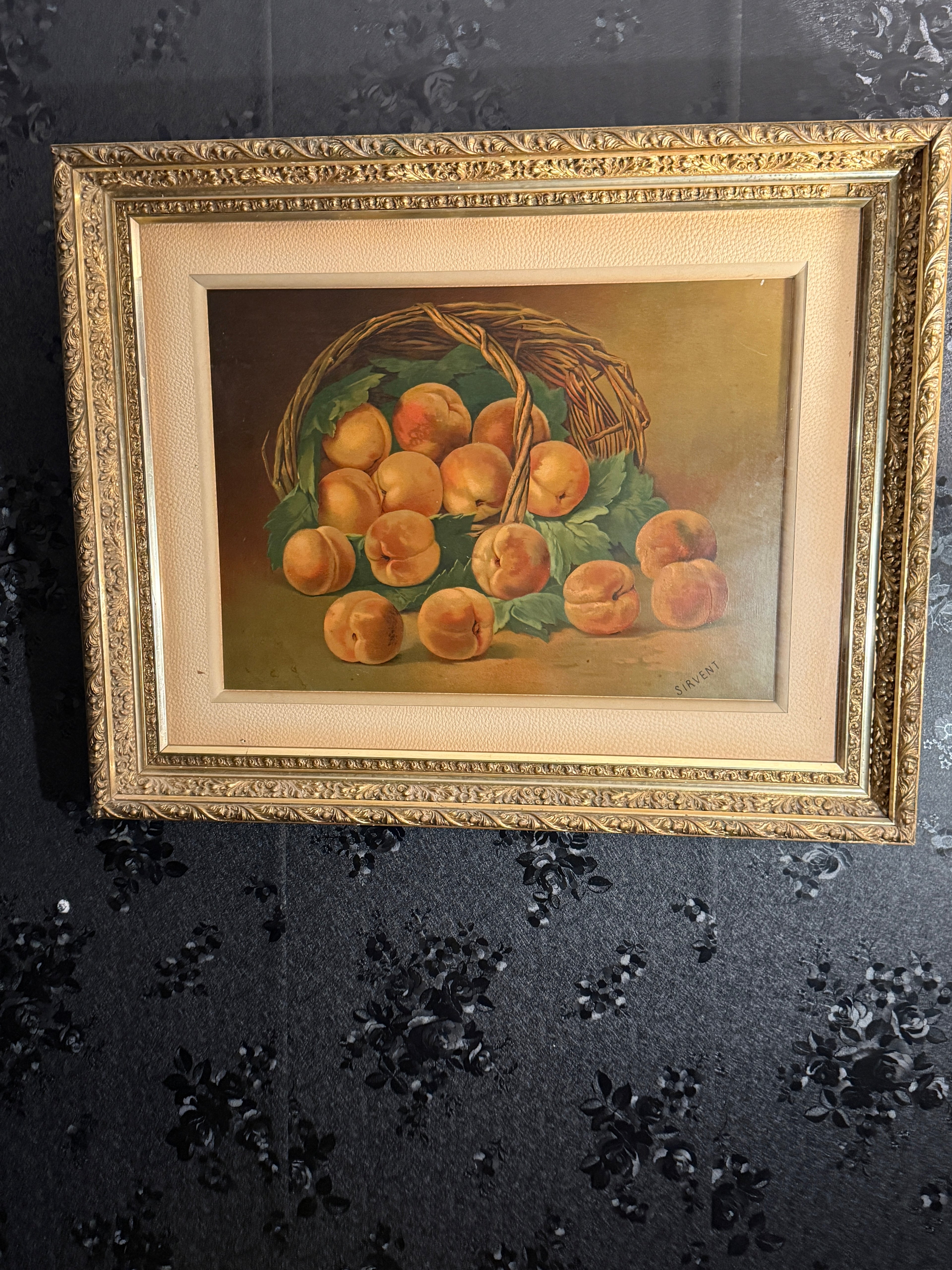 Antique French Still Life Peaches in Basket, Signed “Sirvent,” c.1880–1900, Oil on Board, Ornate Gilt Frame