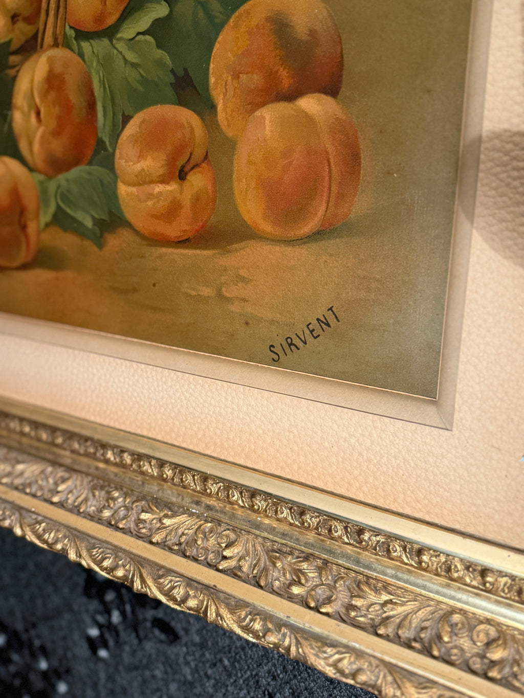 Antique French Still Life Peaches in Basket, Signed “Sirvent,” c.1880–1900, Oil on Board, Ornate Gilt Frame