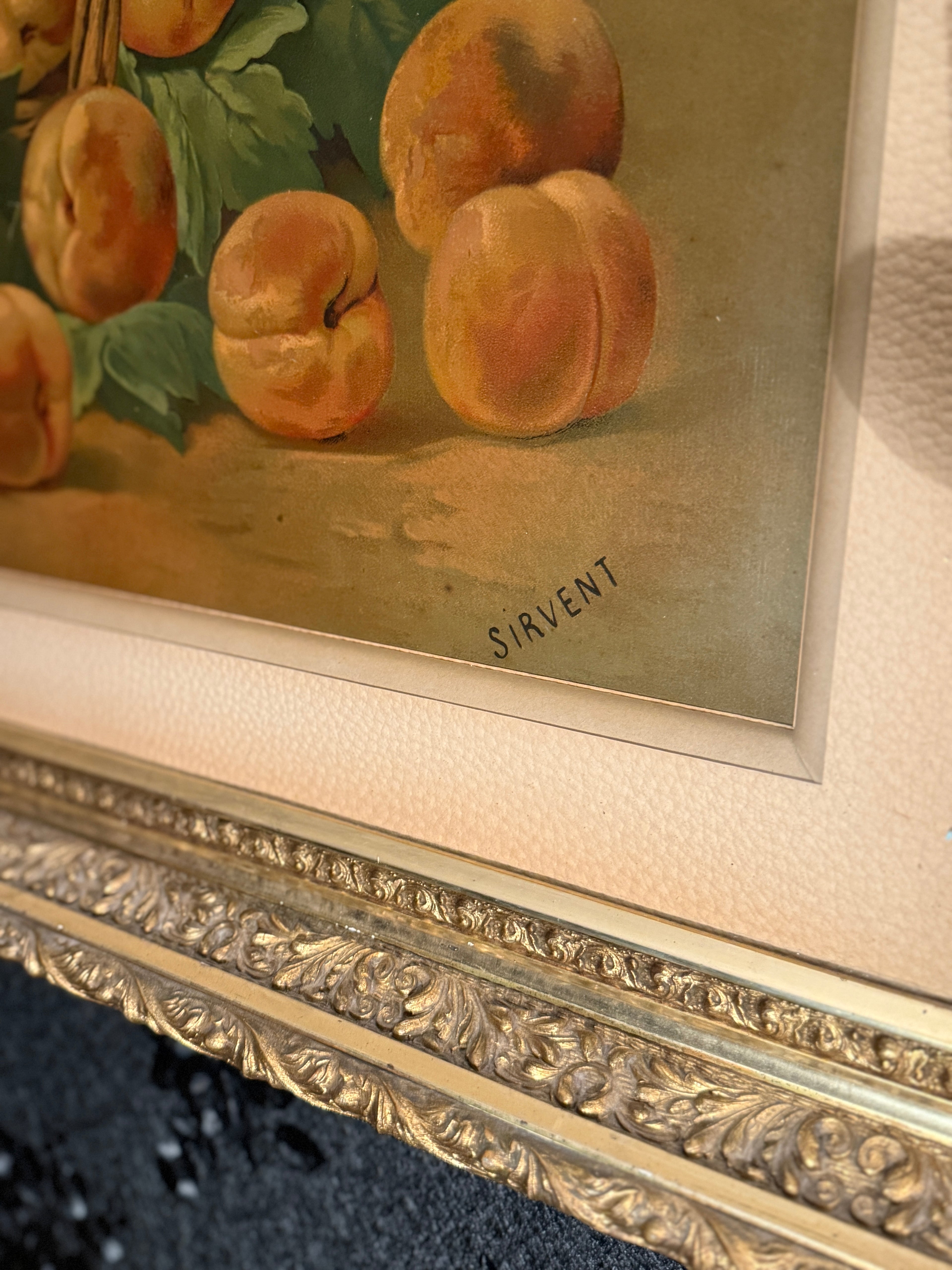 Antique French Still Life Peaches in Basket, Signed “Sirvent,” c.1880–1900, Oil on Board, Ornate Gilt Frame