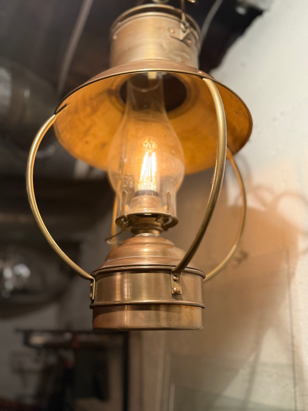 Antique Brass Hanging Lantern with Dimmer, c. 1890s–1910s