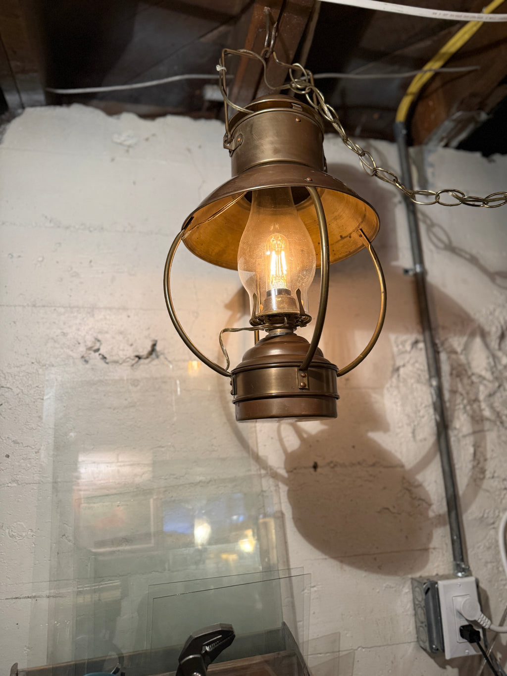 Antique Brass Hanging Lantern with Dimmer, c. 1890s–1910s
