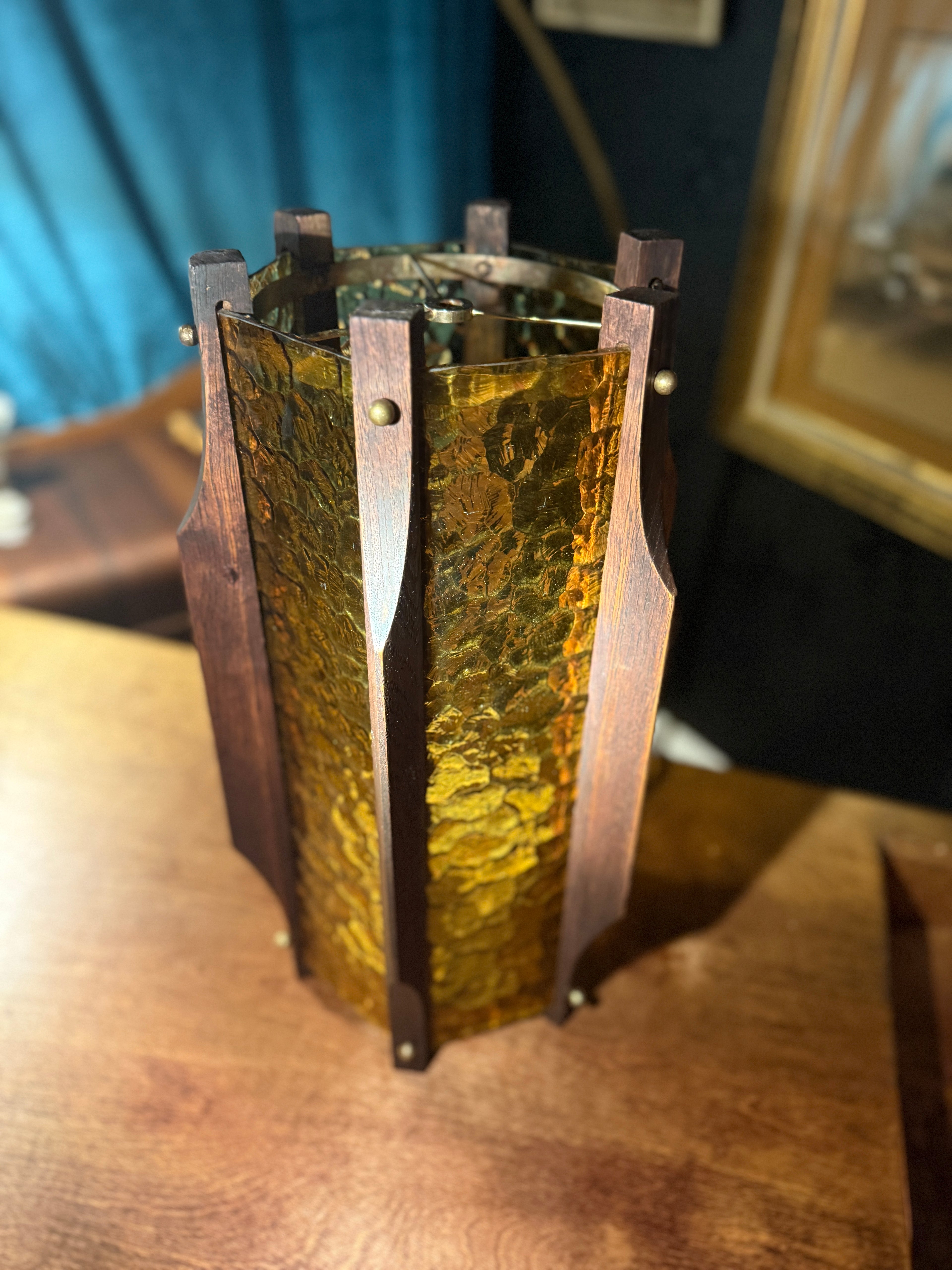 Early 20th-Century Amber Glass & Wood  Hanging Lantern Converted Table Lamp