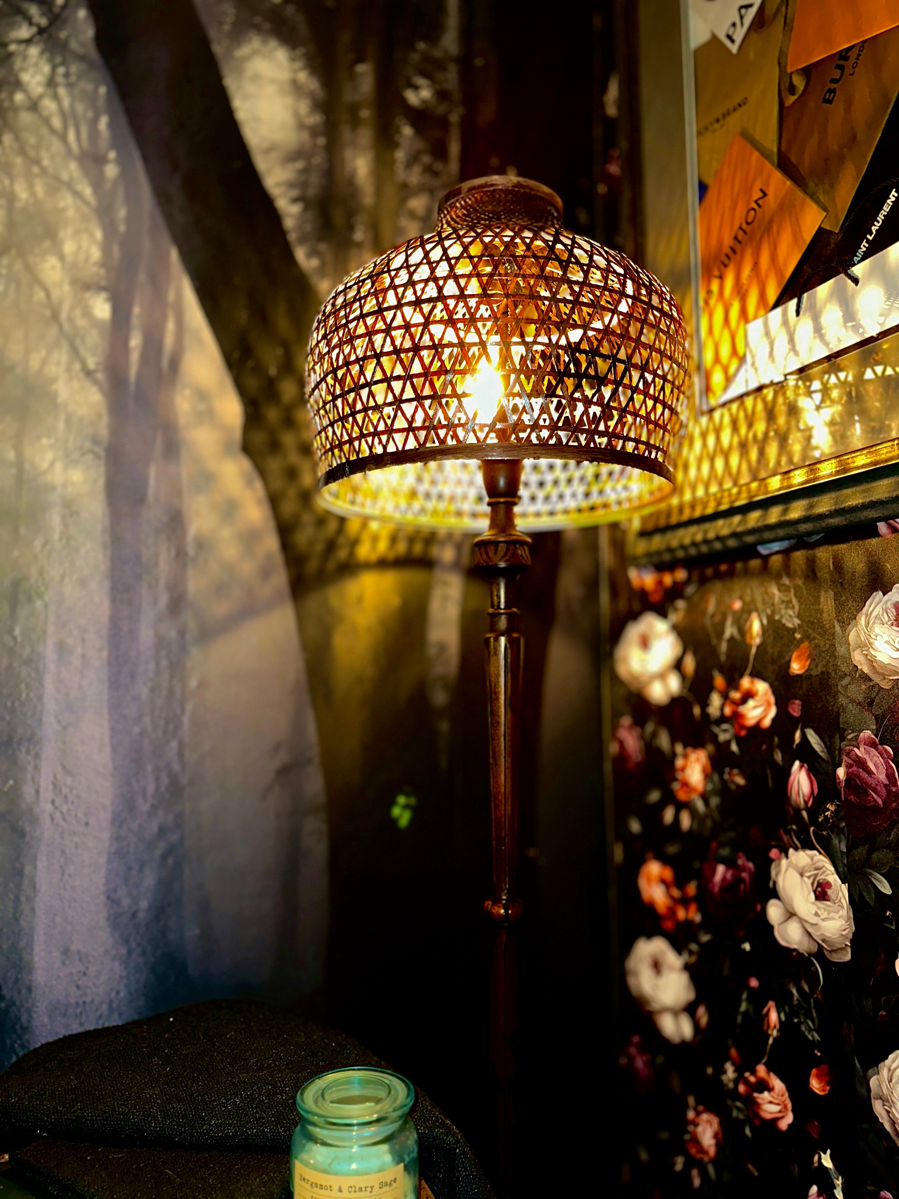 Colonial Revival Floor Lamp with Rattan Shade — c. 1920–1935, Original Leviton Sockets