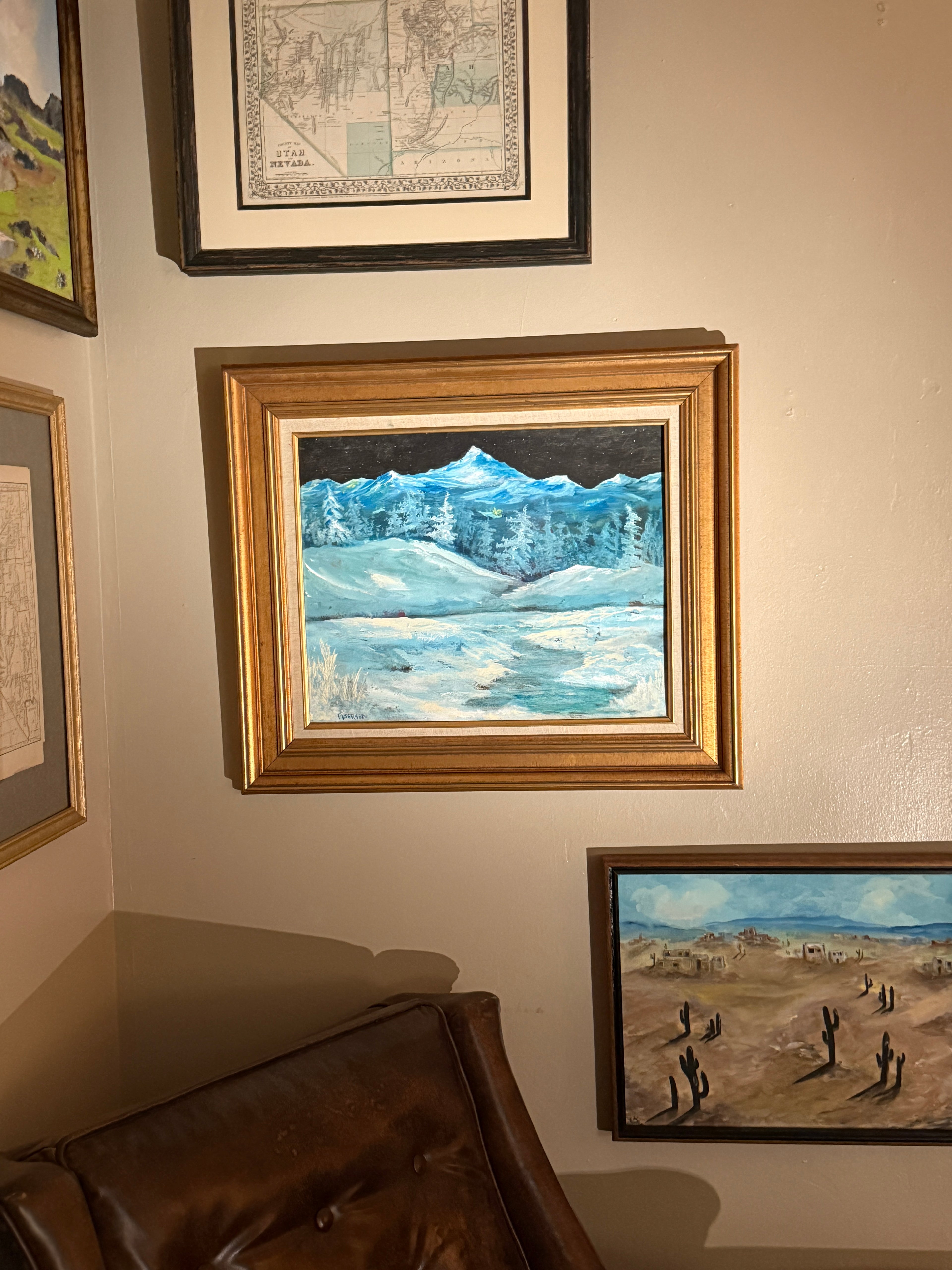 Mid-Century Winter Mountain Landscape Painting by Petersen c.1950–1970