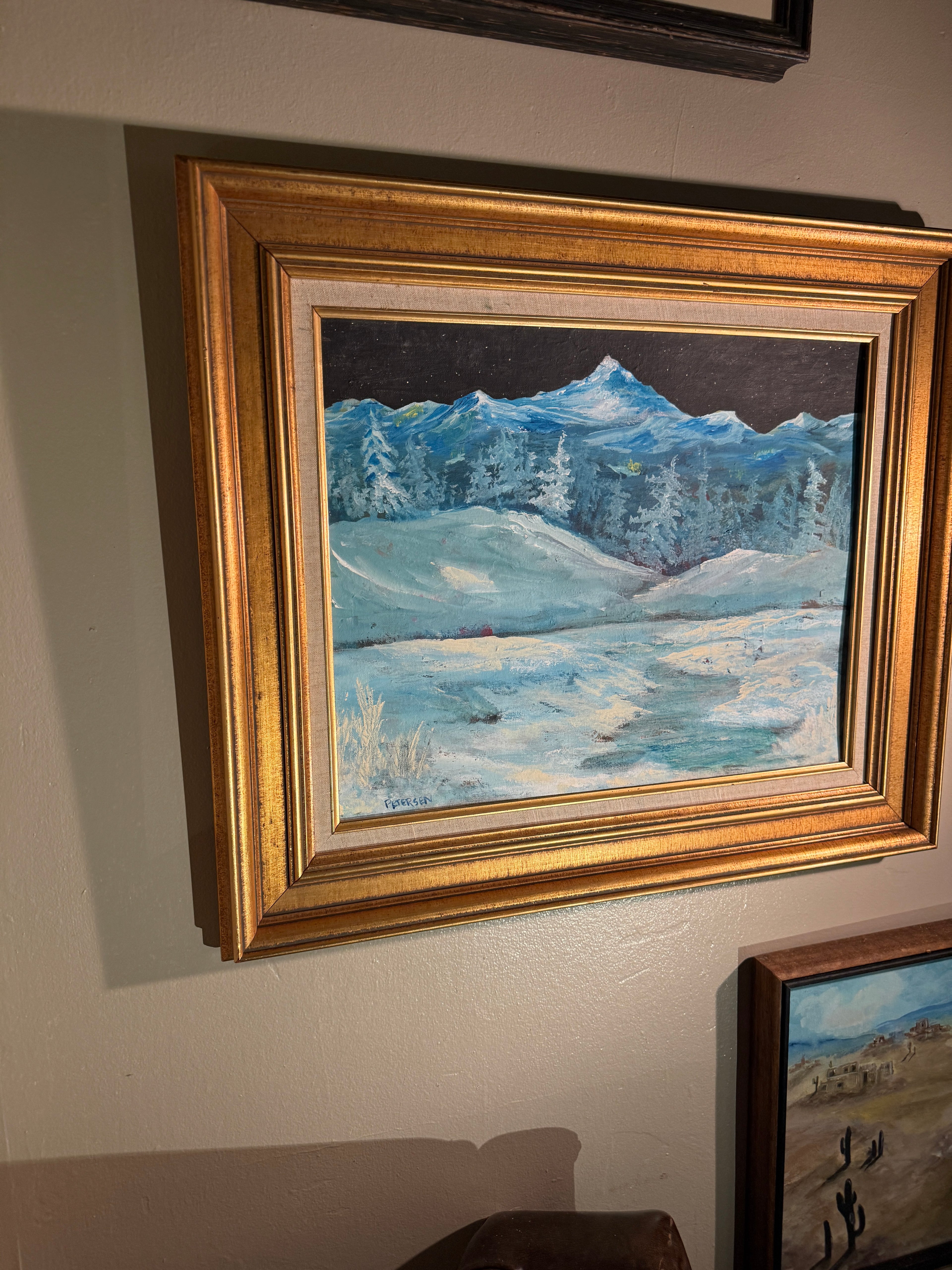 Mid-Century Winter Mountain Landscape Painting by Petersen c.1950–1970