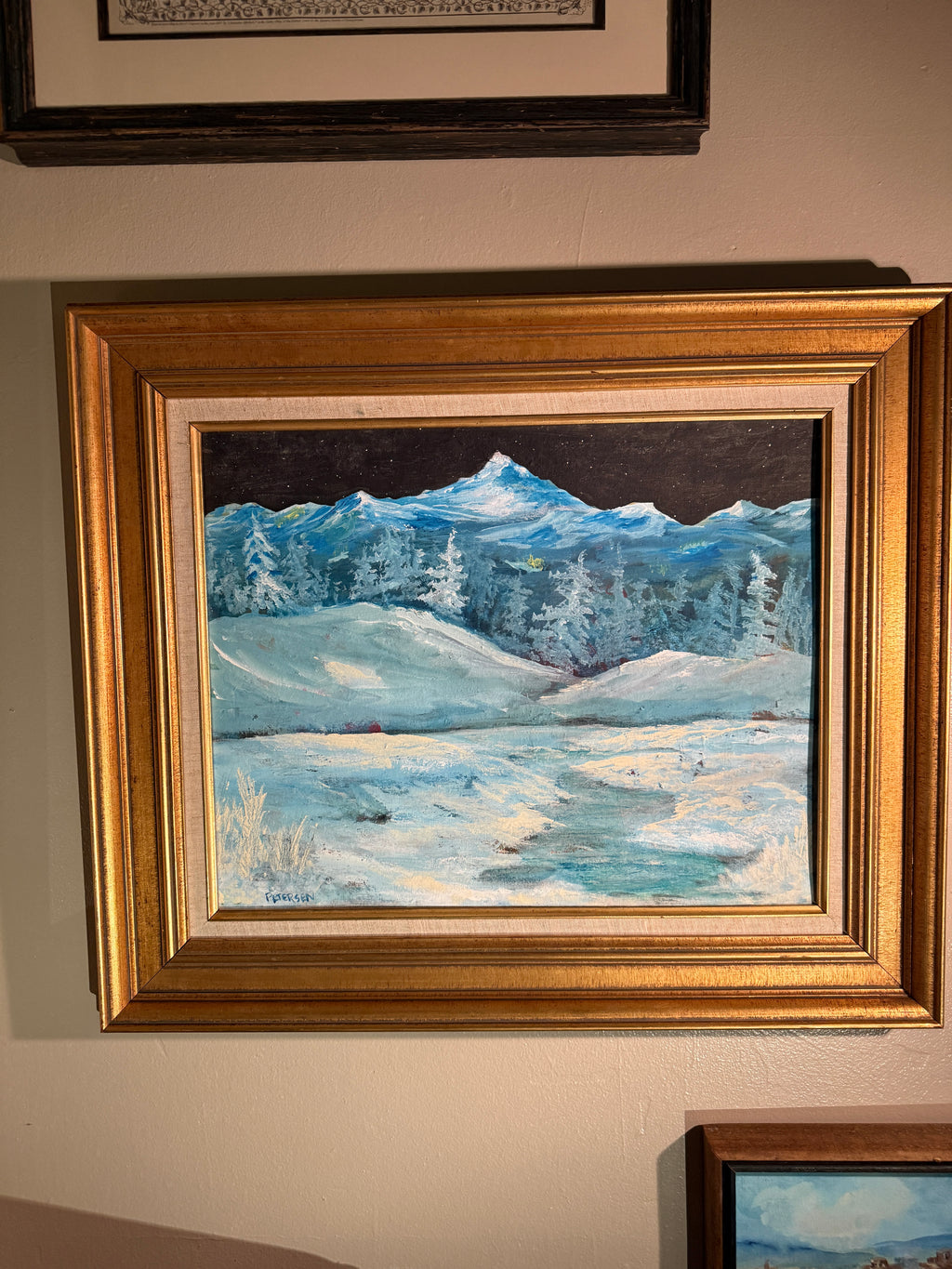Mid-Century Winter Mountain Landscape Painting by Petersen c.1950–1970