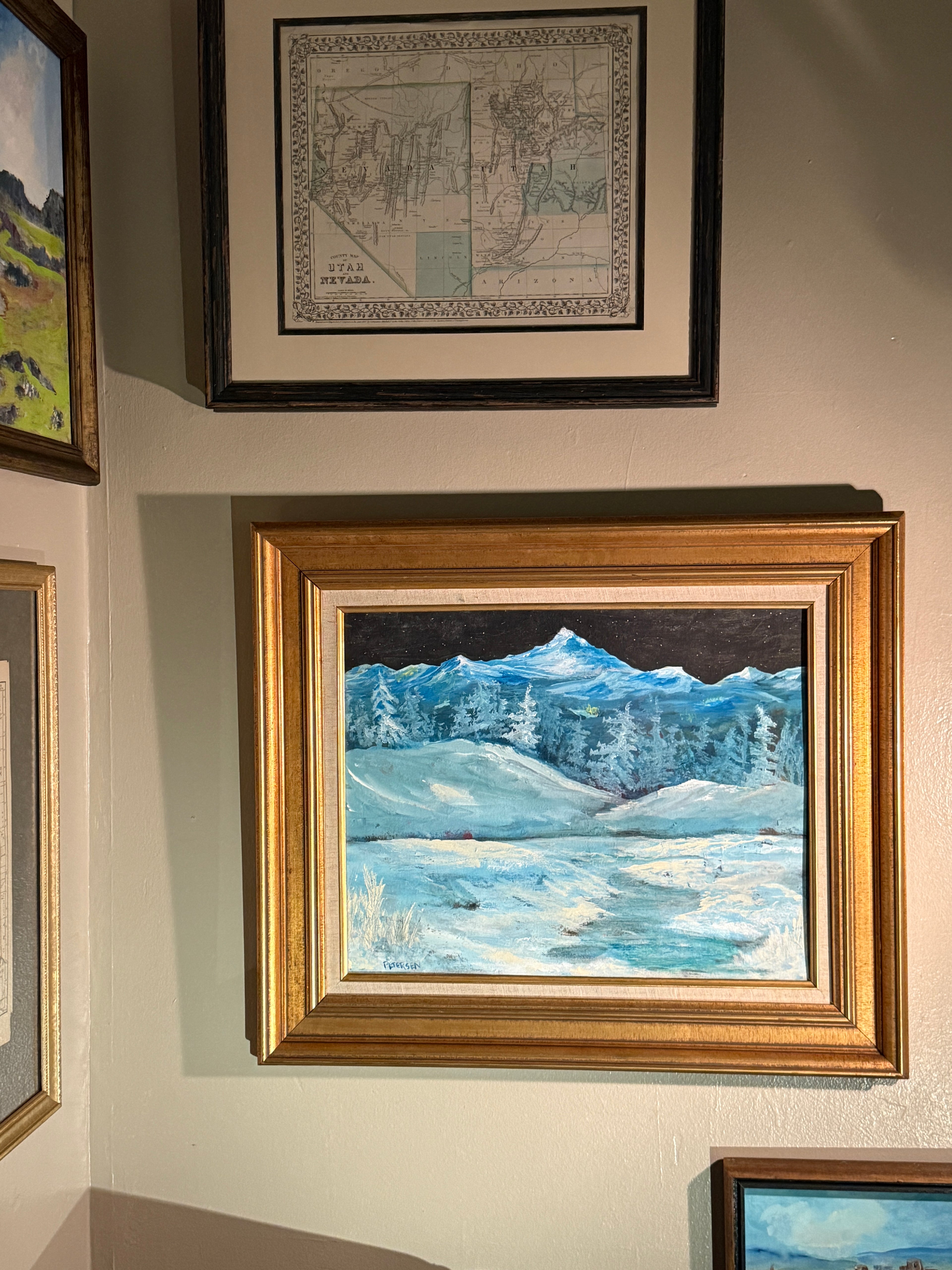 Mid-Century Winter Mountain Landscape Painting by Petersen c.1950–1970