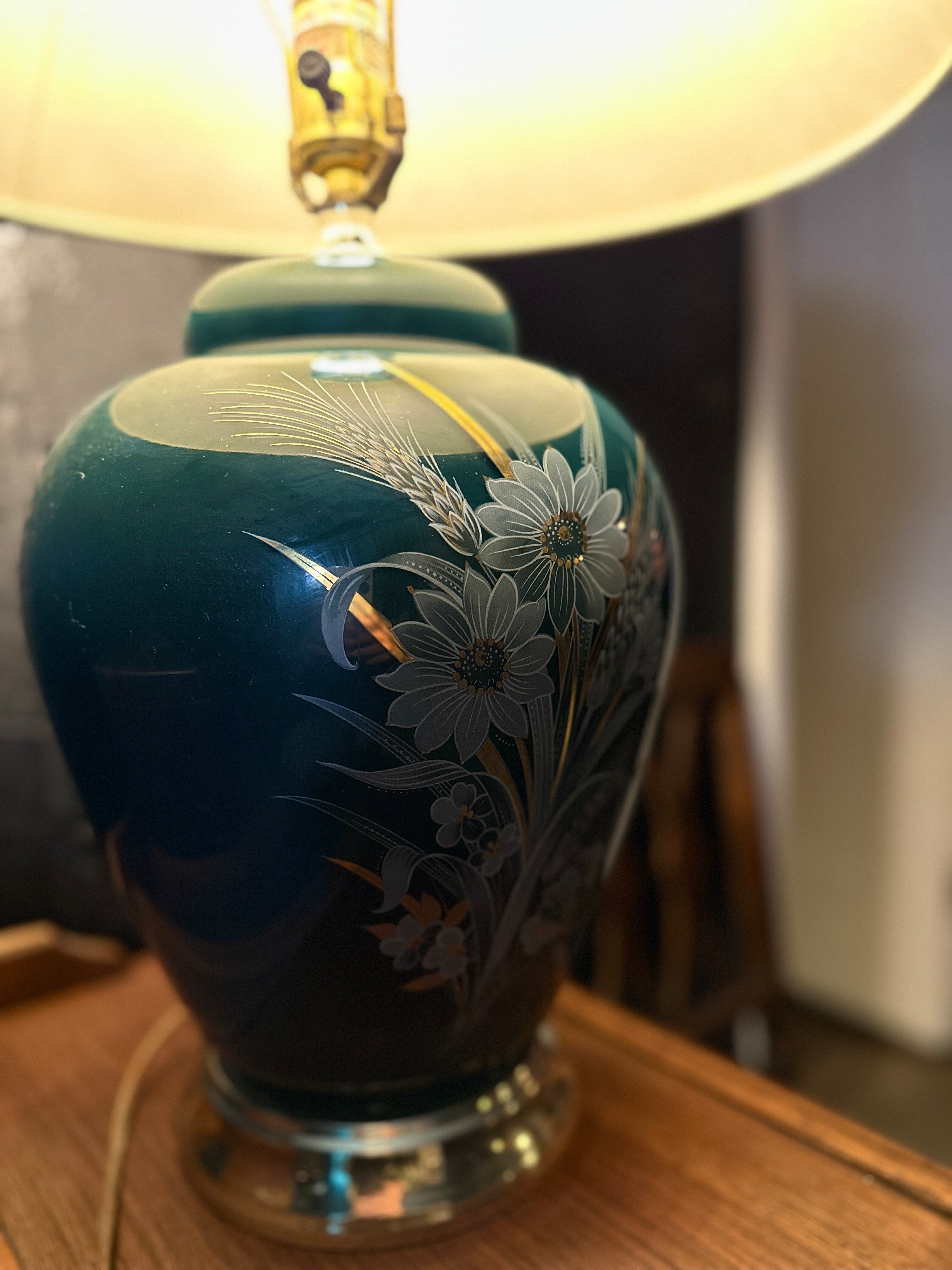 Mid-Century Teal Floral Ceramic Table Lamp with Parchment Shade (1955–1962)