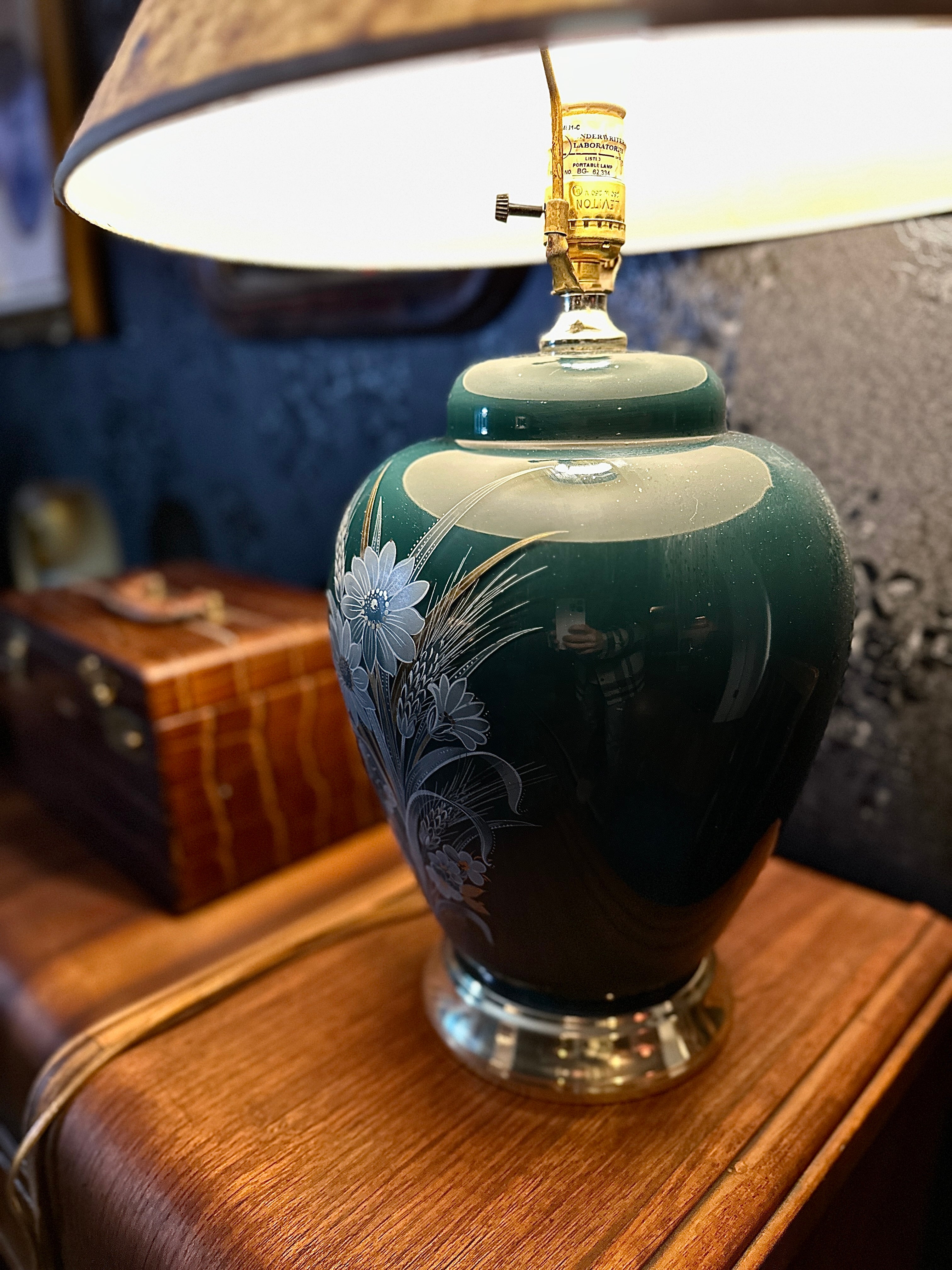 Mid-Century Teal Floral Ceramic Table Lamp with Parchment Shade (1955–1962)