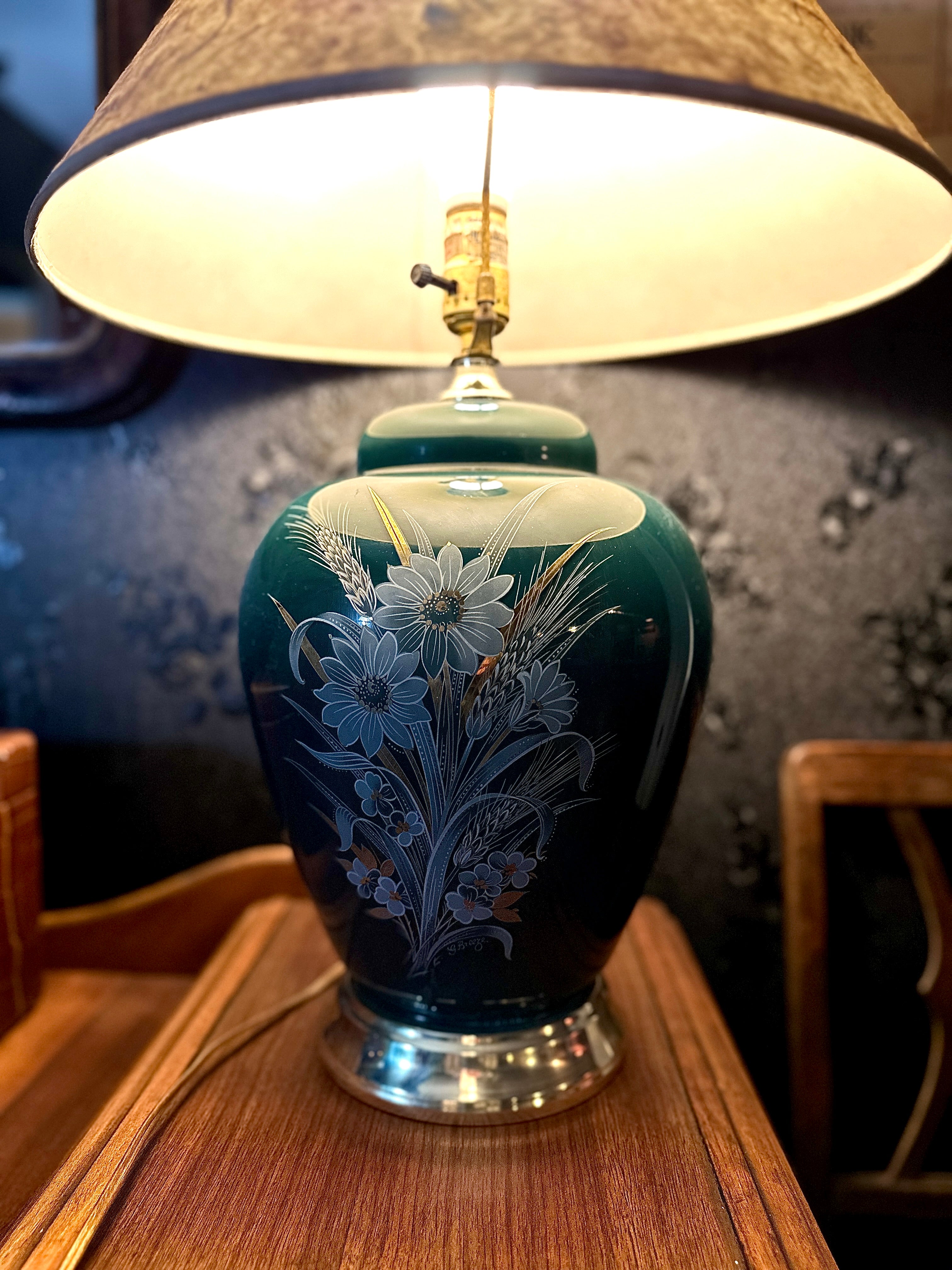 Mid-Century Teal Floral Ceramic Table Lamp with Parchment Shade (1955–1962)