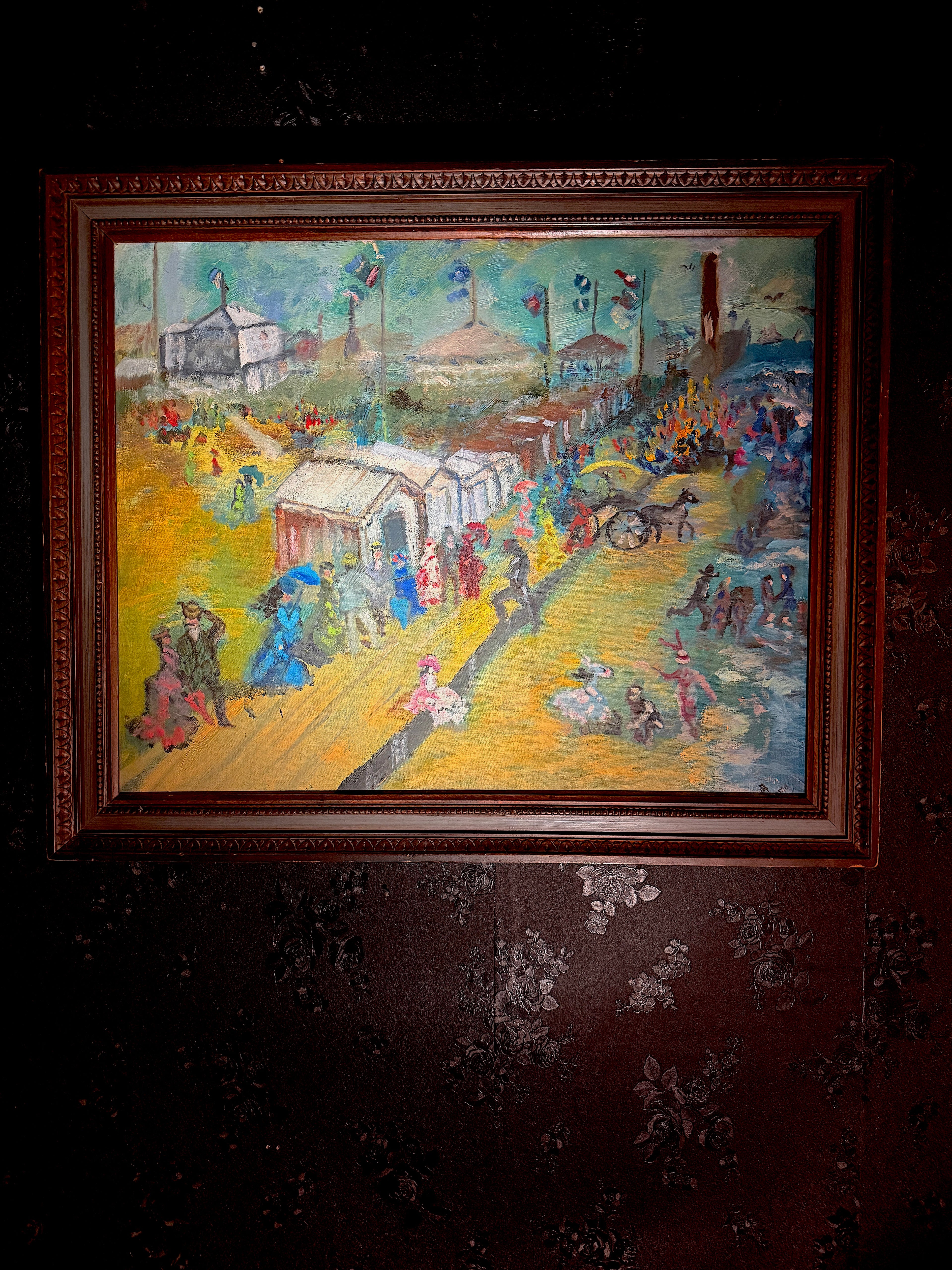 Mid-Century Folk Modernist Painting Signed “Thomas” | Narrative Industrial Scene c 1950s