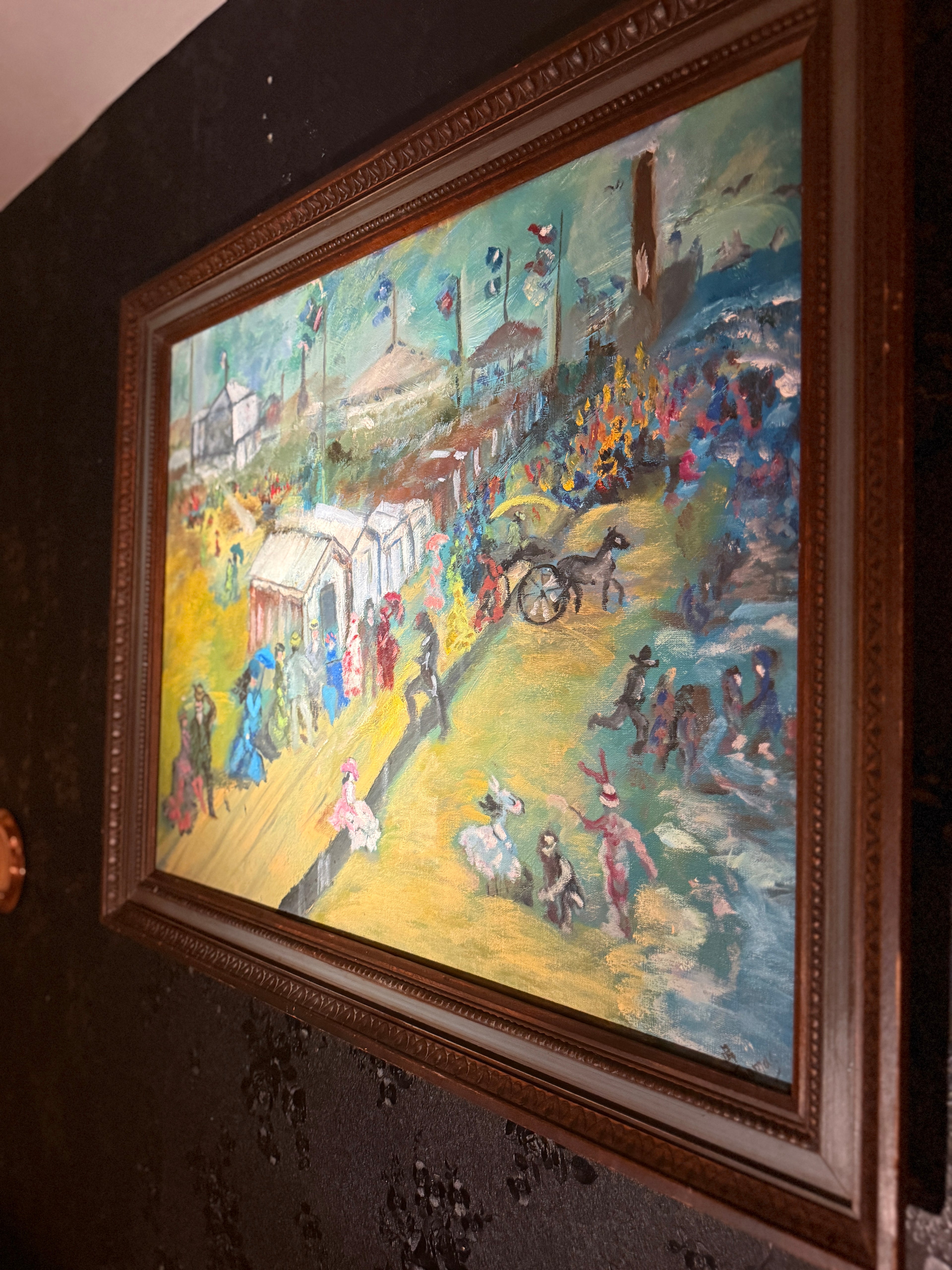 Mid-Century Folk Modernist Painting Signed “Thomas” | Narrative Industrial Scene c 1950s