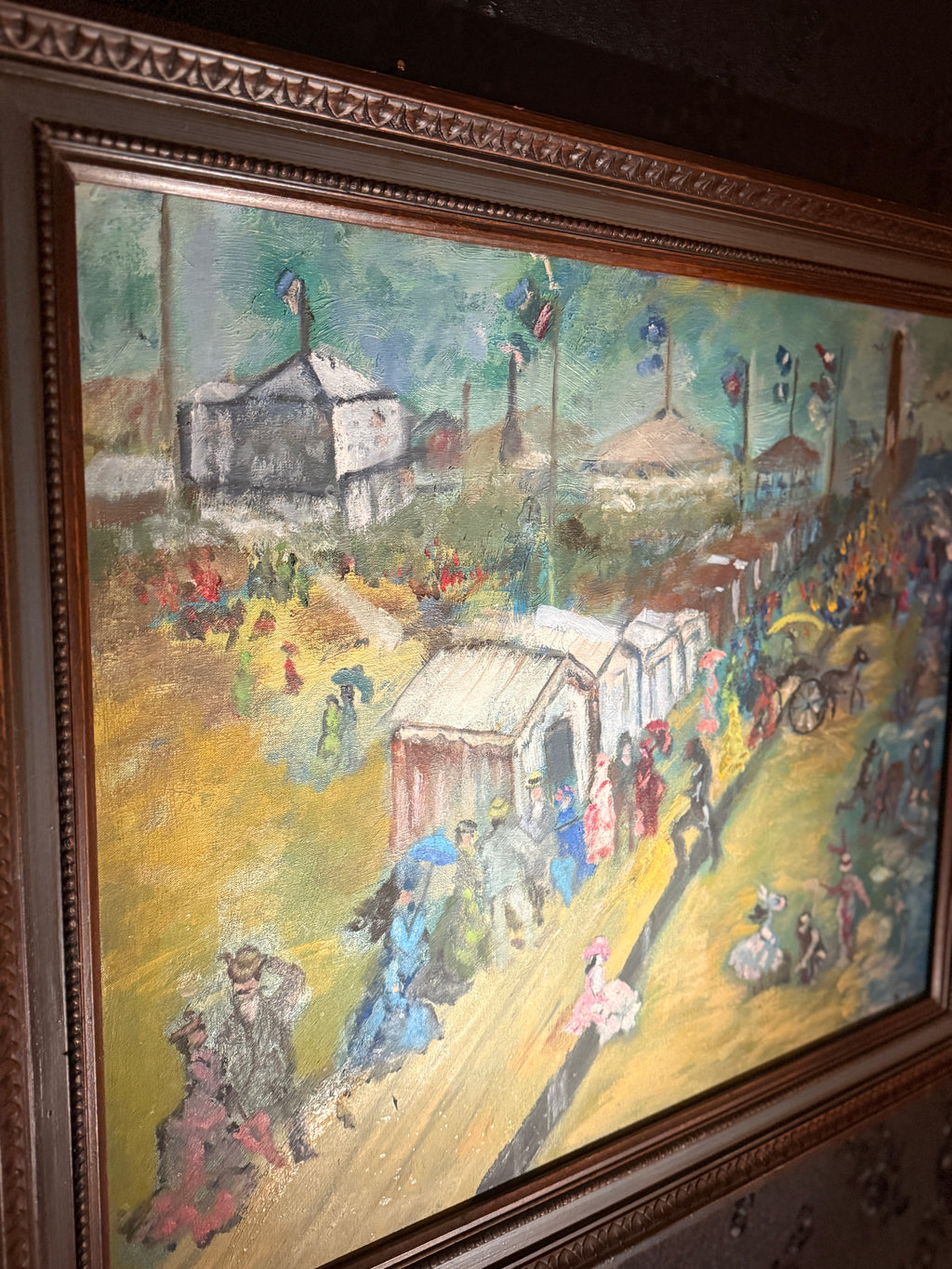 Mid-Century Folk Modernist Painting Signed “Thomas” | Narrative Industrial Scene c 1950s