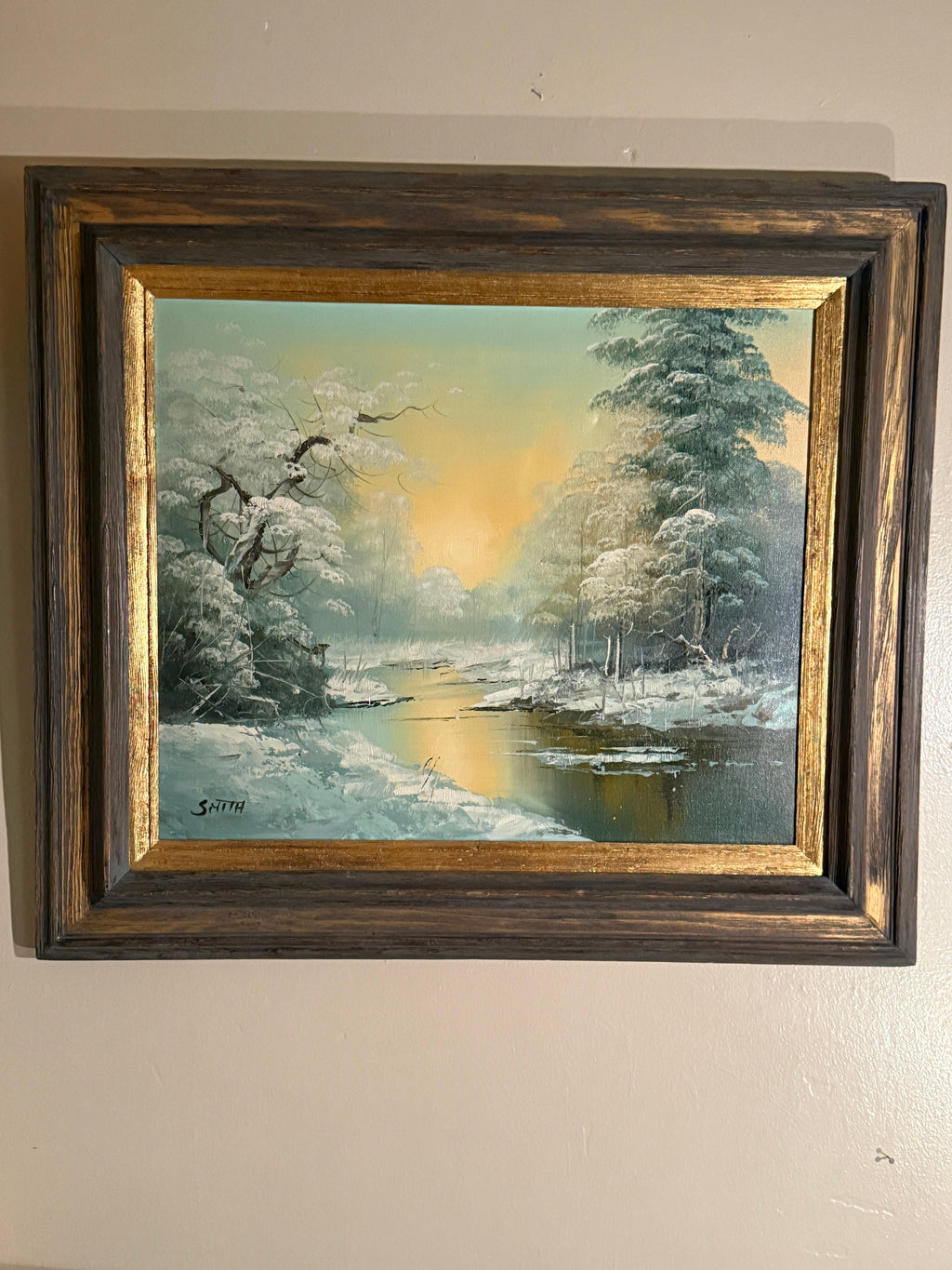 Vintage Winter Landscape Oil Painting Signed Smith | 20x24 Framed River Scene