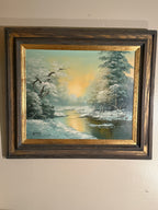 Vintage Winter Landscape Oil Painting Signed Smith | 20x24 Framed River Scene